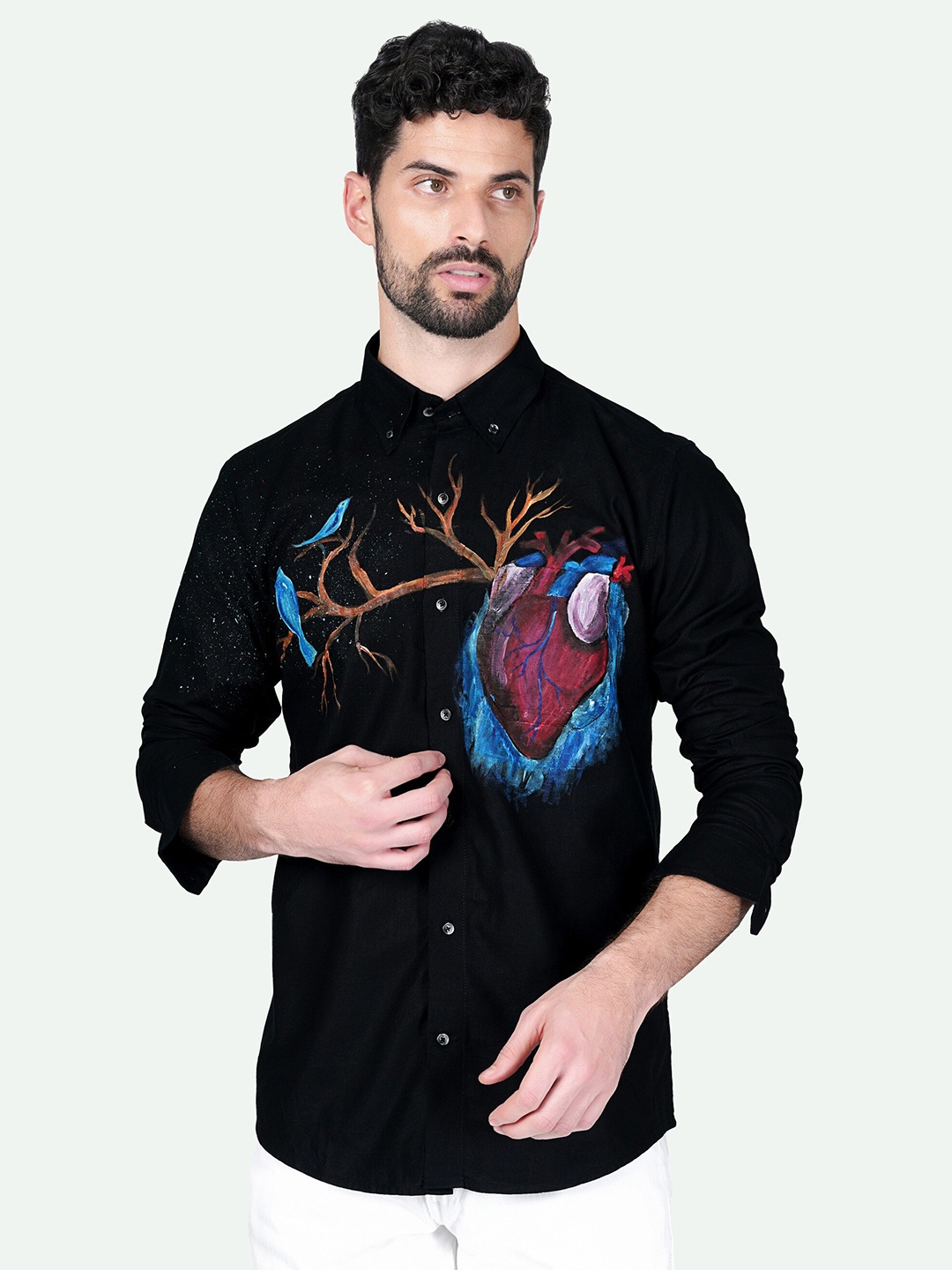 

FRENCH CROWN Standard Opaque Graphic Printed Button-Down Collar Linen Casual Shirt, Black