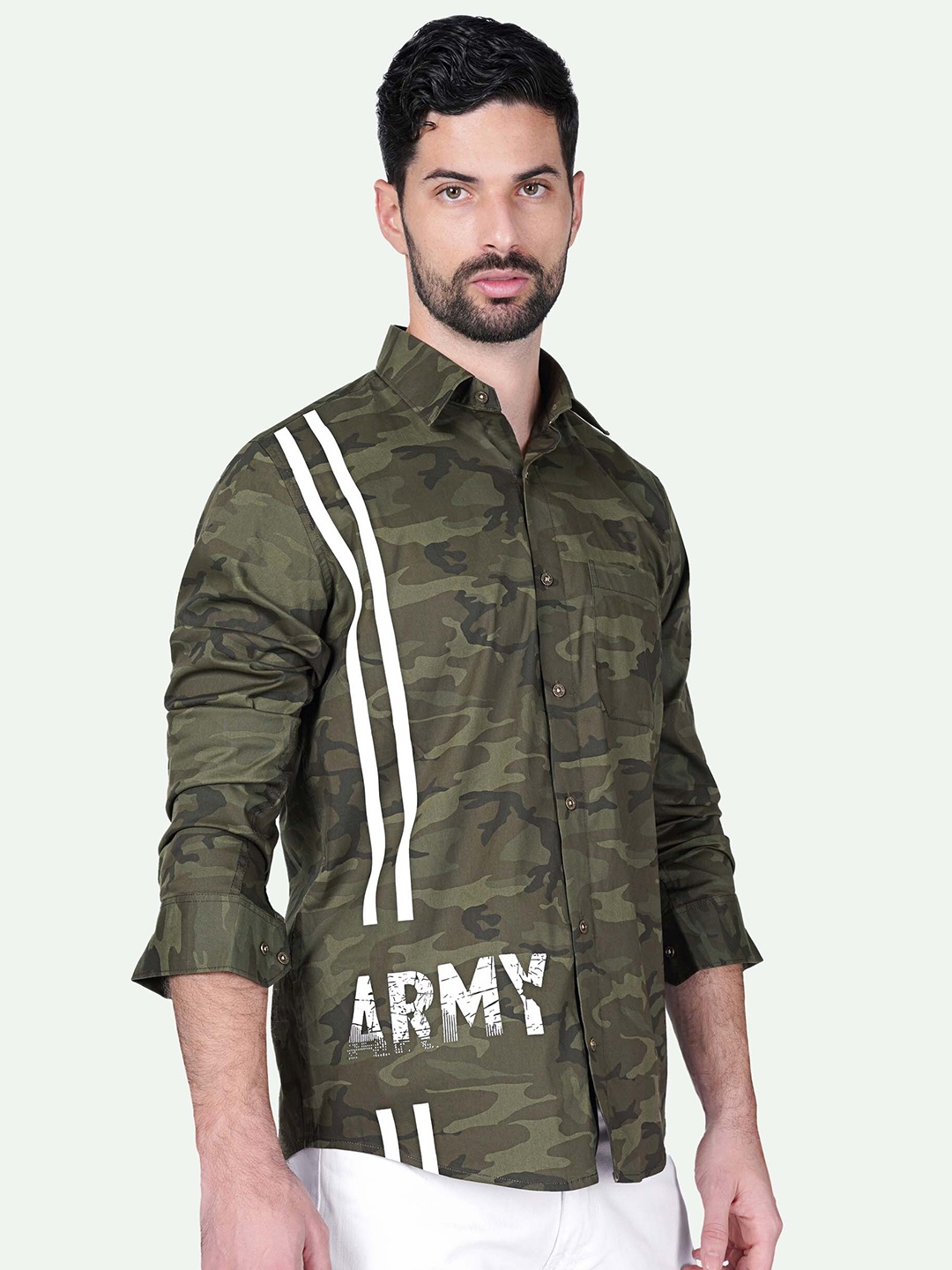 

FRENCH CROWN Standard Fit Camouflage Printed Cotton Casual Shirt, Green