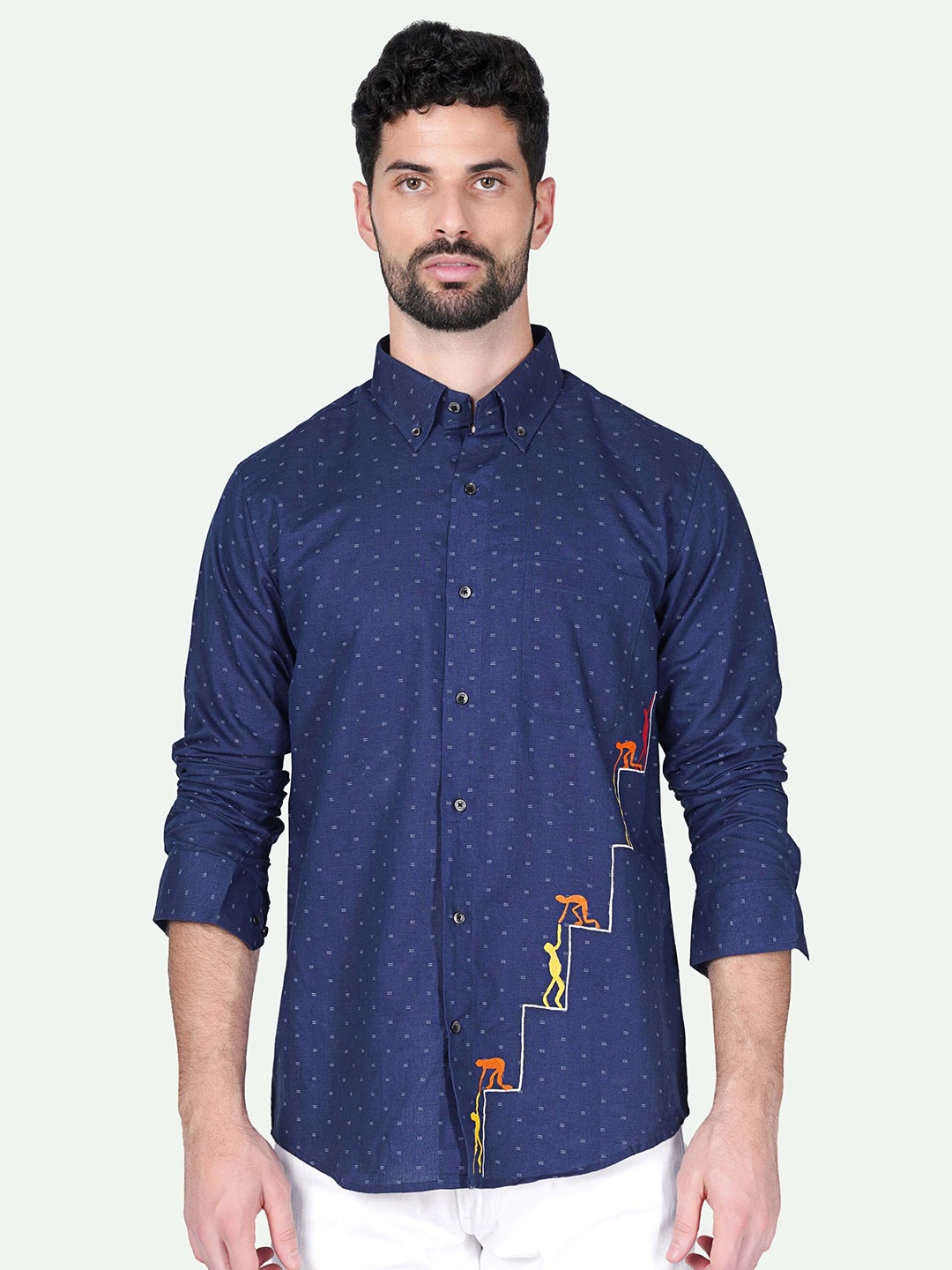 

FRENCH CROWN Standard Conversational Printed Linen Casual Shirt, Blue