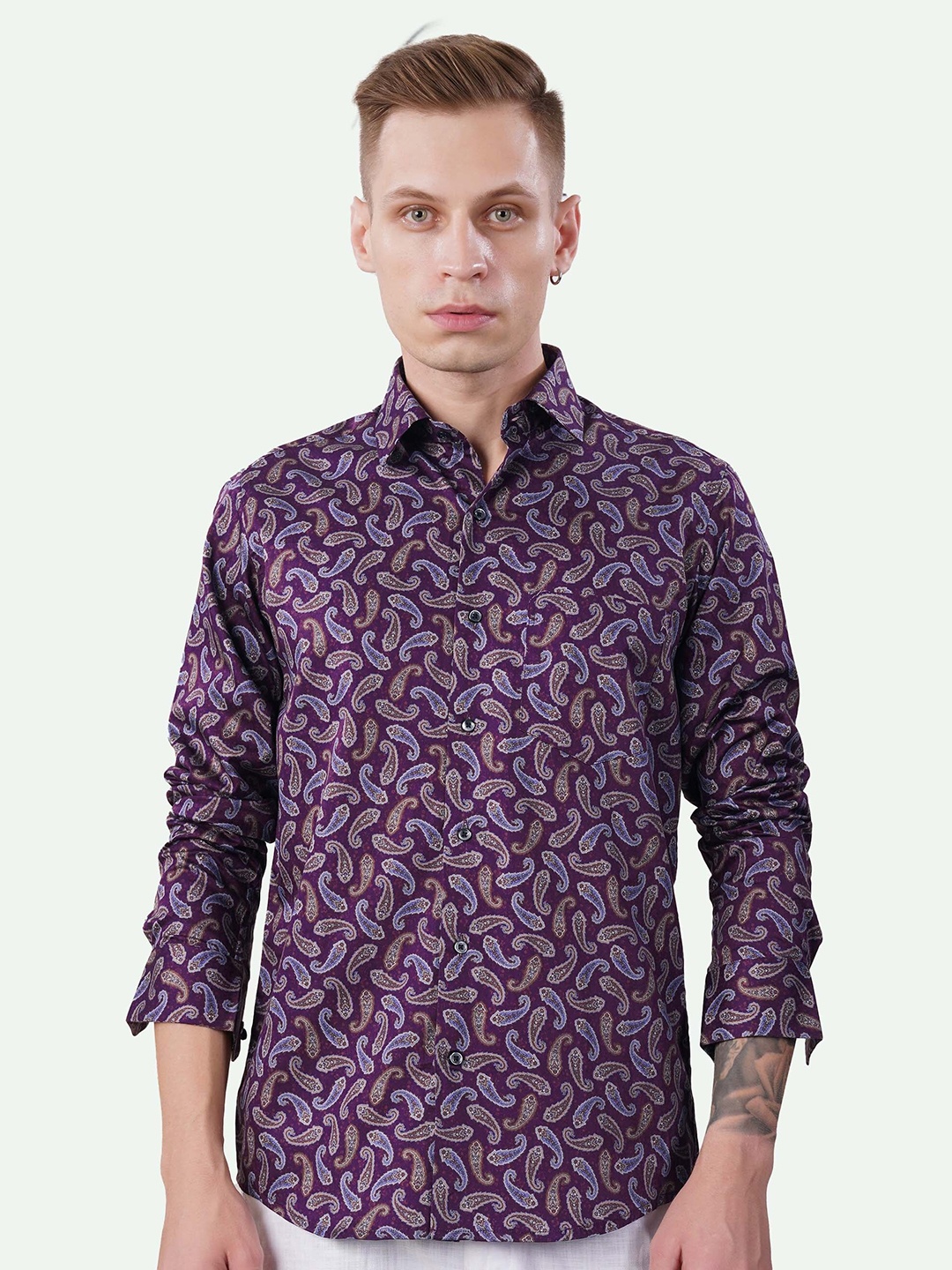 

FRENCH CROWN Standard Ethnic Motifs Printed Cotton Casual Shirt, Purple