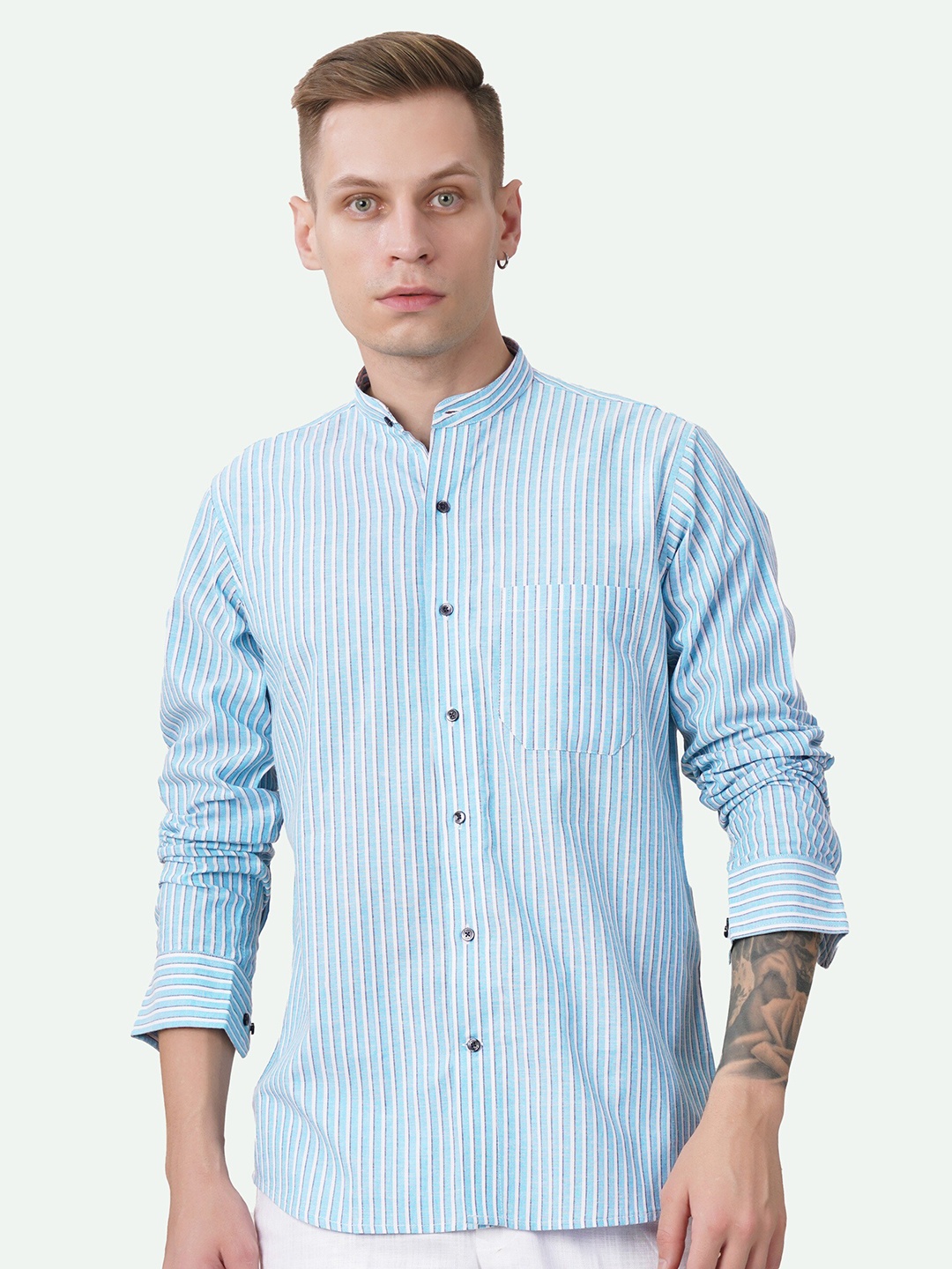 

FRENCH CROWN Standard Striped Cutaway Collar Linen Casual Shirt, Blue
