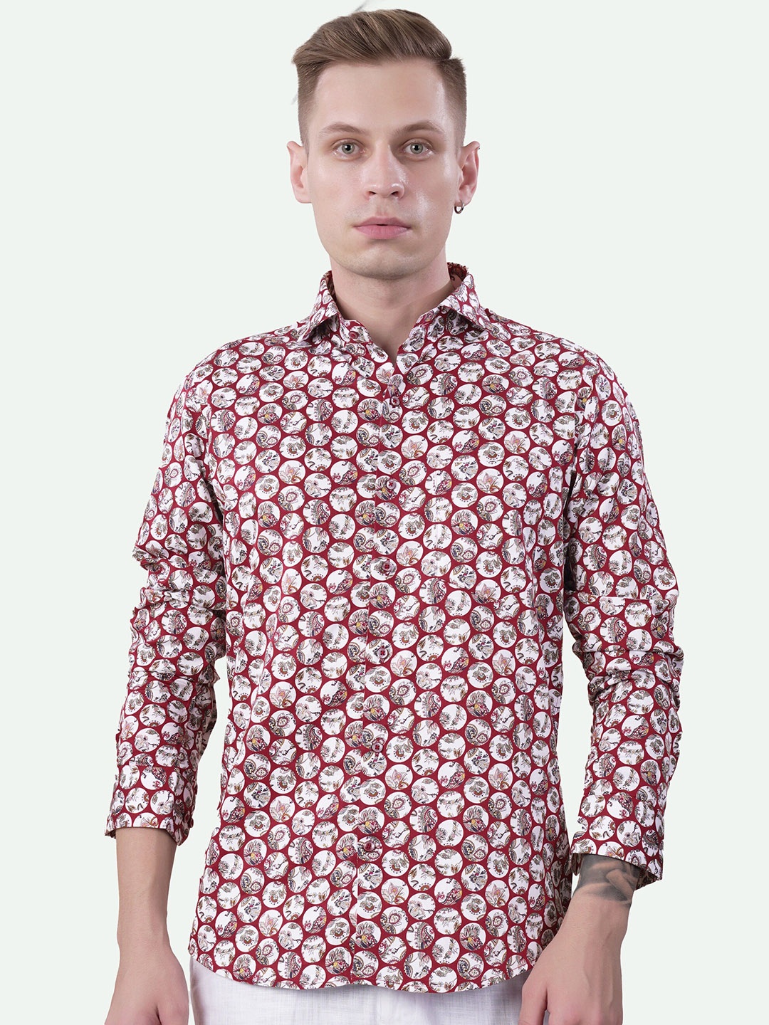 

FRENCH CROWN Standard Ethnic Motif Printed Spread Collar Cotton Casual Shirt, Maroon