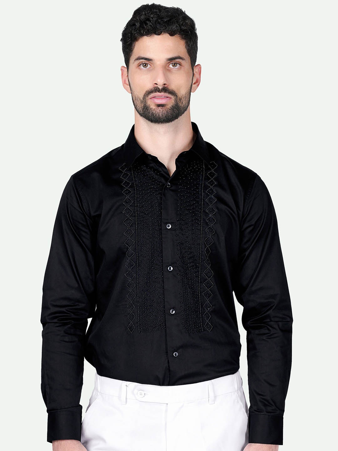 

FRENCH CROWN Standard Striped Spread Collar Beads Detail Cotton Casual Shirt, Black