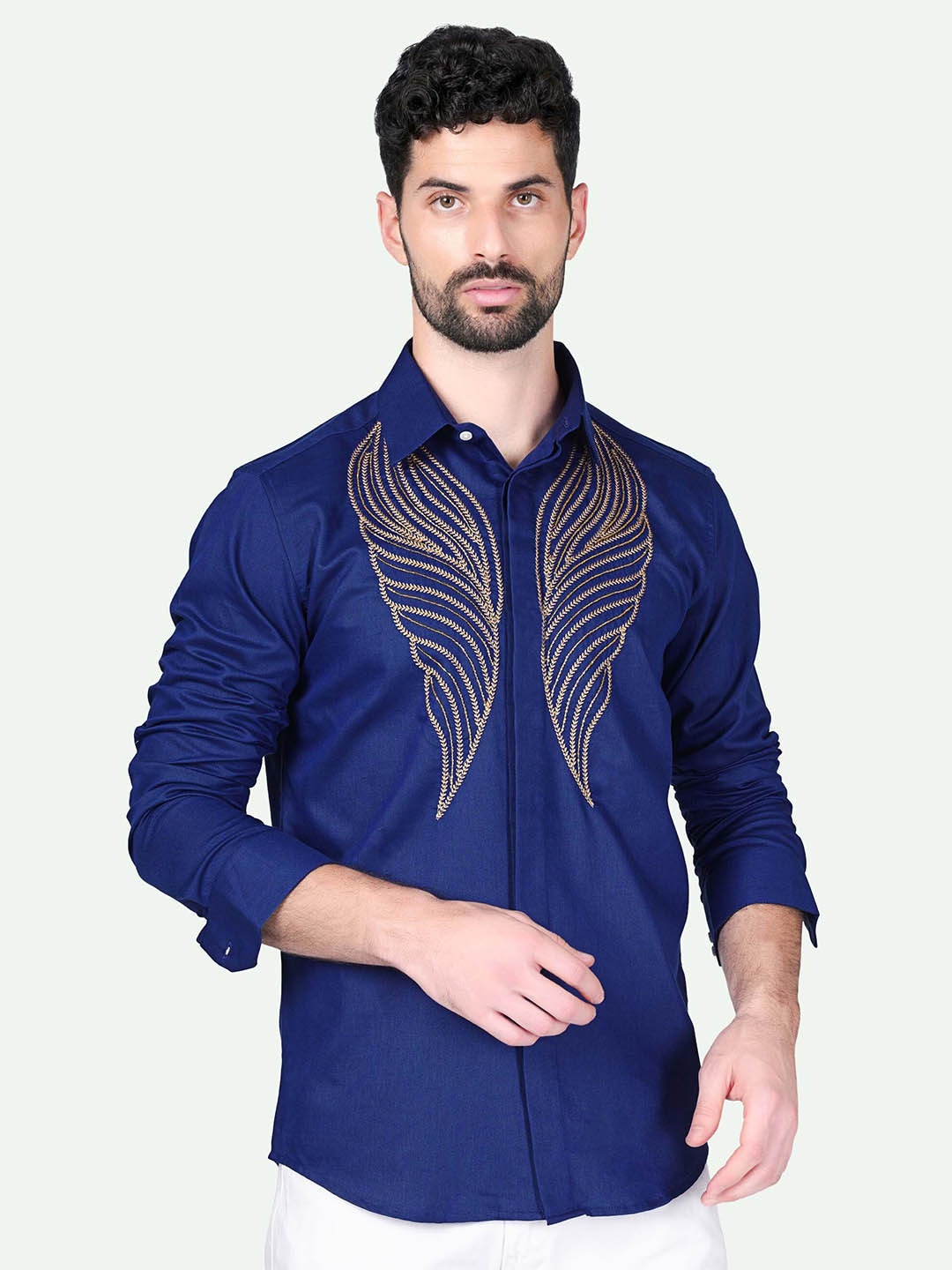 

FRENCH CROWN Standard Ethnic Motifs Embroidered Cotton Casual Shirt, Blue