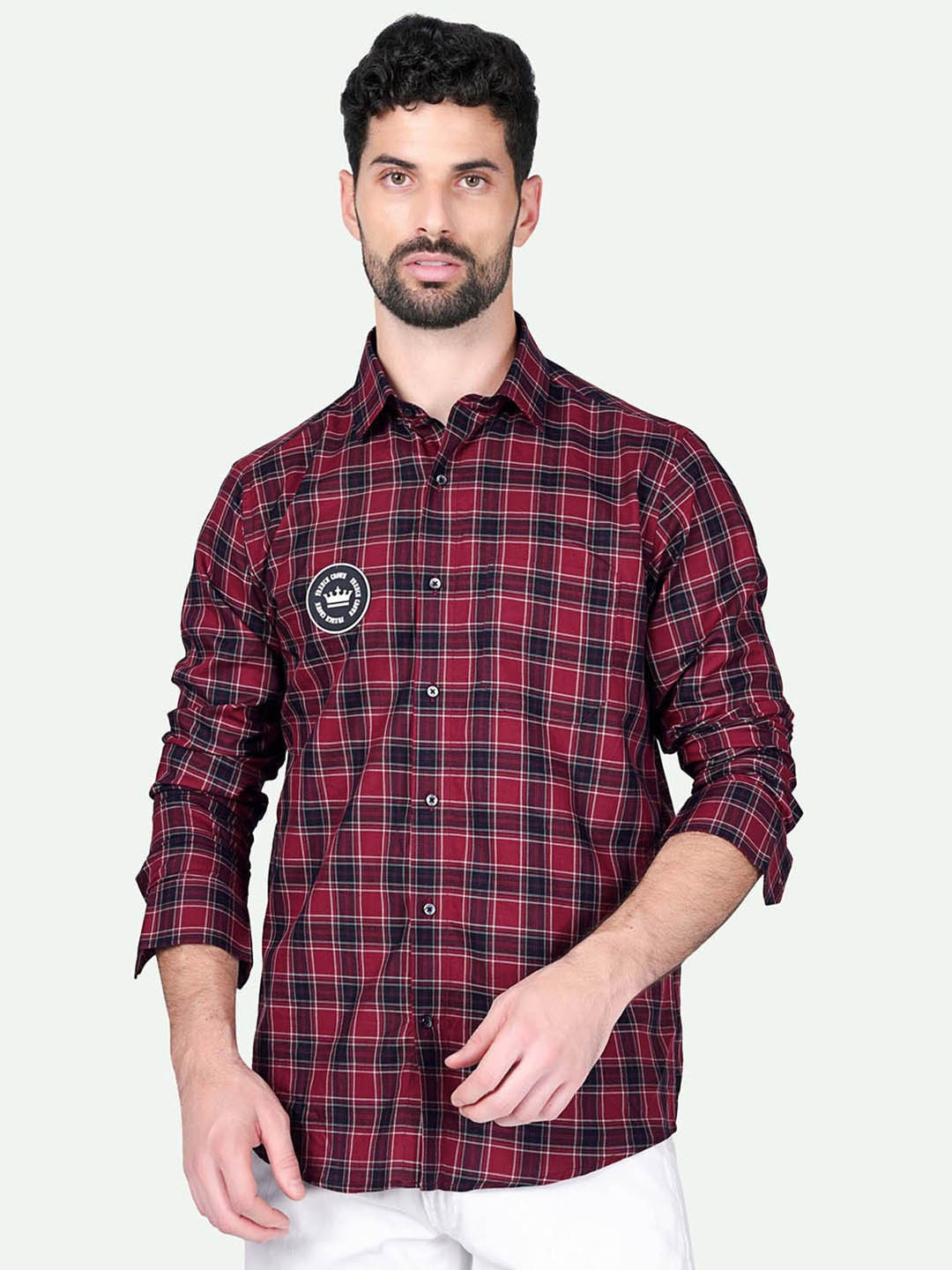 

FRENCH CROWN Standard Tartan Checked Spread Collar Cotton Casual Shirt, Red