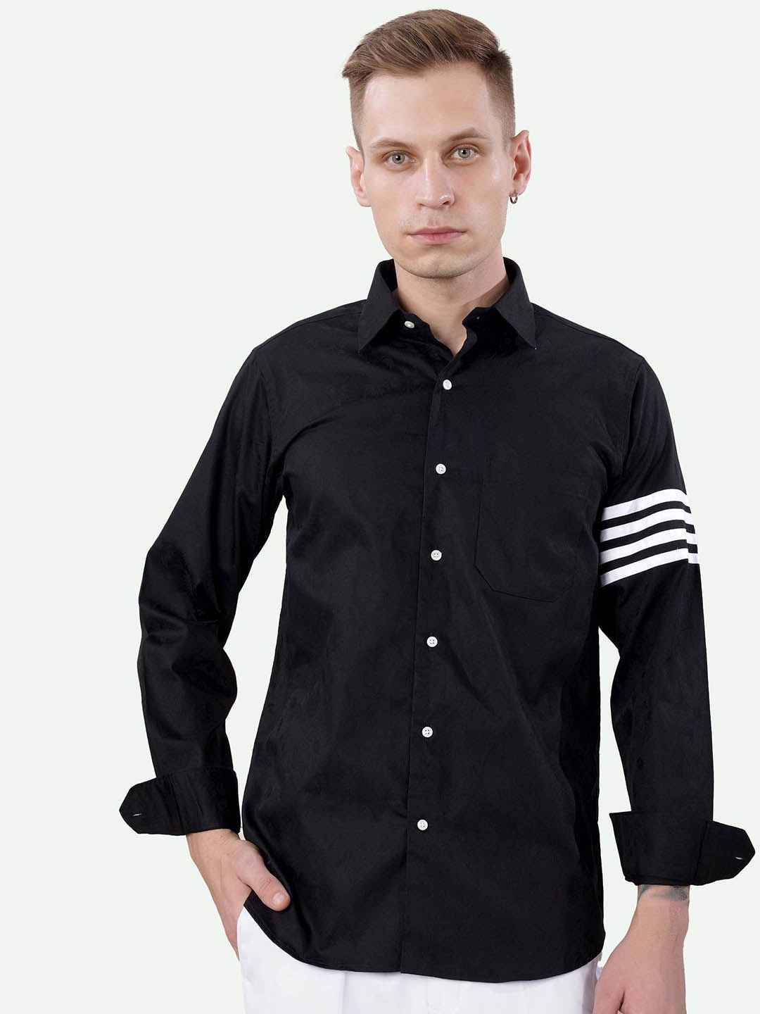 

FRENCH CROWN Standard Striped Spread Collar Cotton Casual Shirt, Black