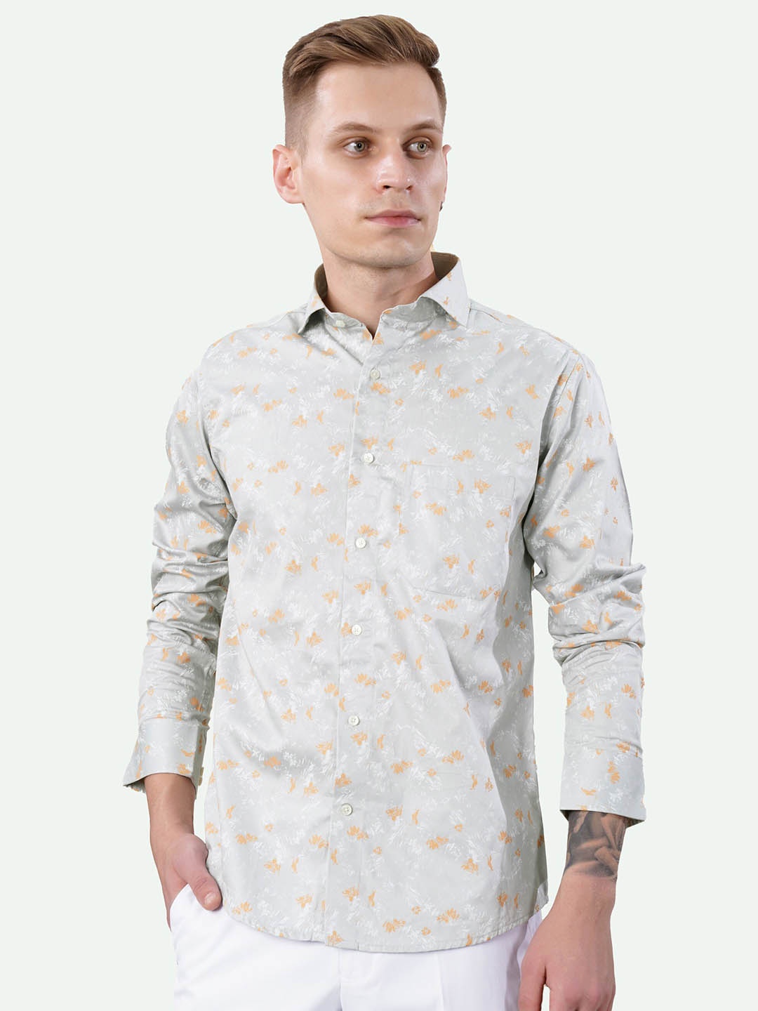 

FRENCH CROWN Standard Conversational Printed Spread Collar Cotton Casual Shirt, Grey