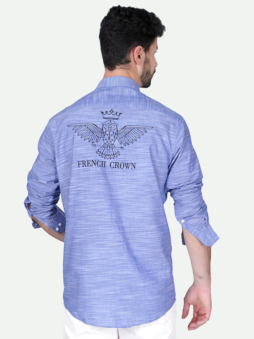 

FRENCH CROWN Standard Embroidered Cotton Casual Shirt, Blue