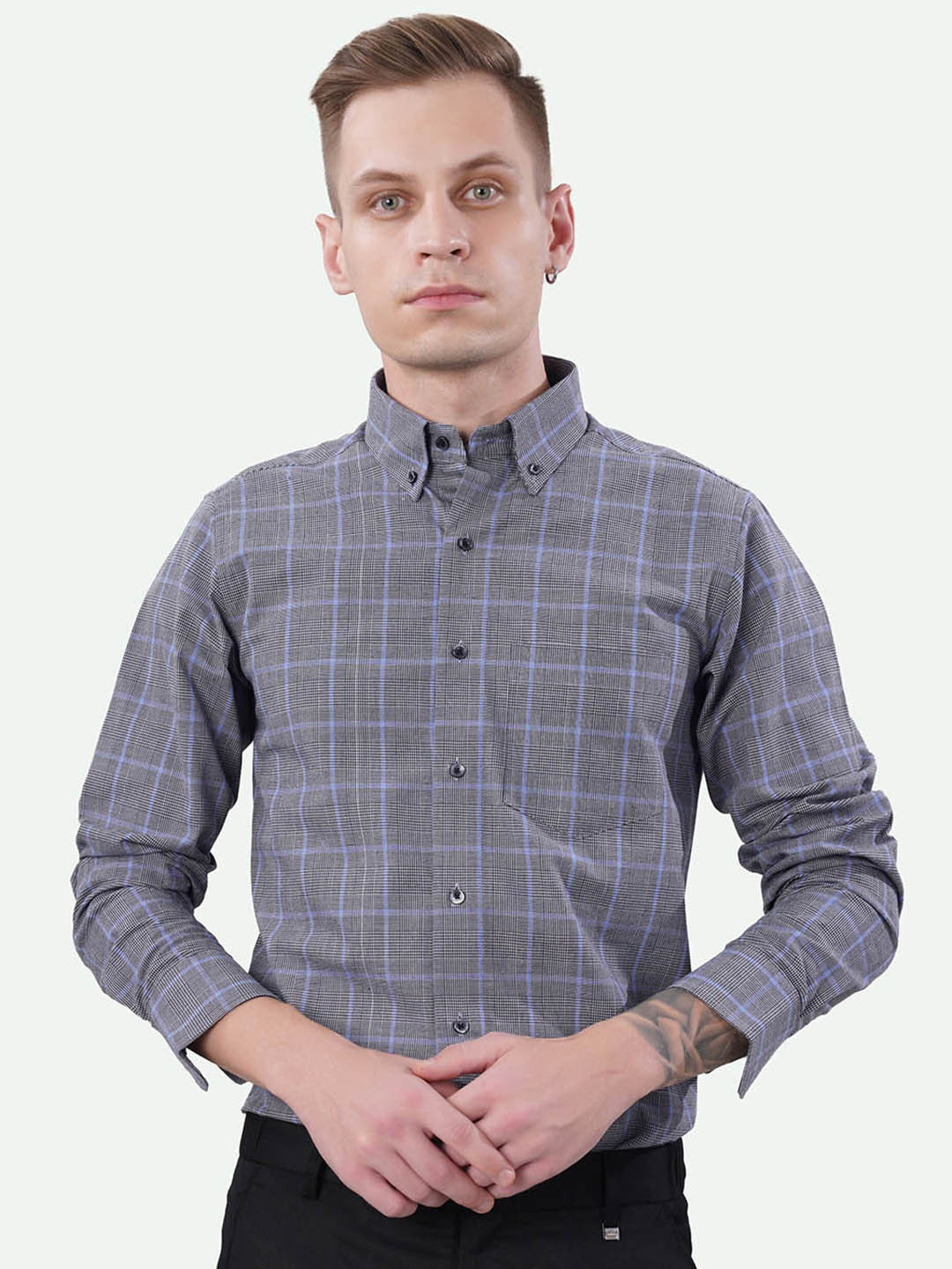 

FRENCH CROWN Standard Checked Cotton Casual Shirt, Grey
