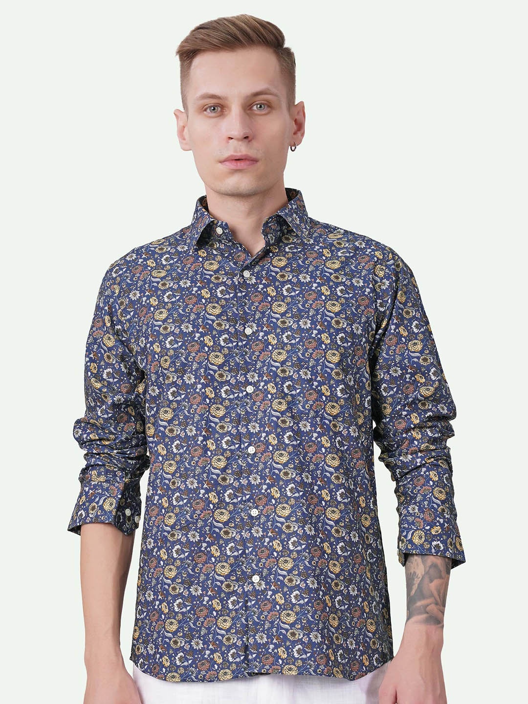 

FRENCH CROWN Standard Floral Printed Spread Collar Cotton Casual Shirt, Blue