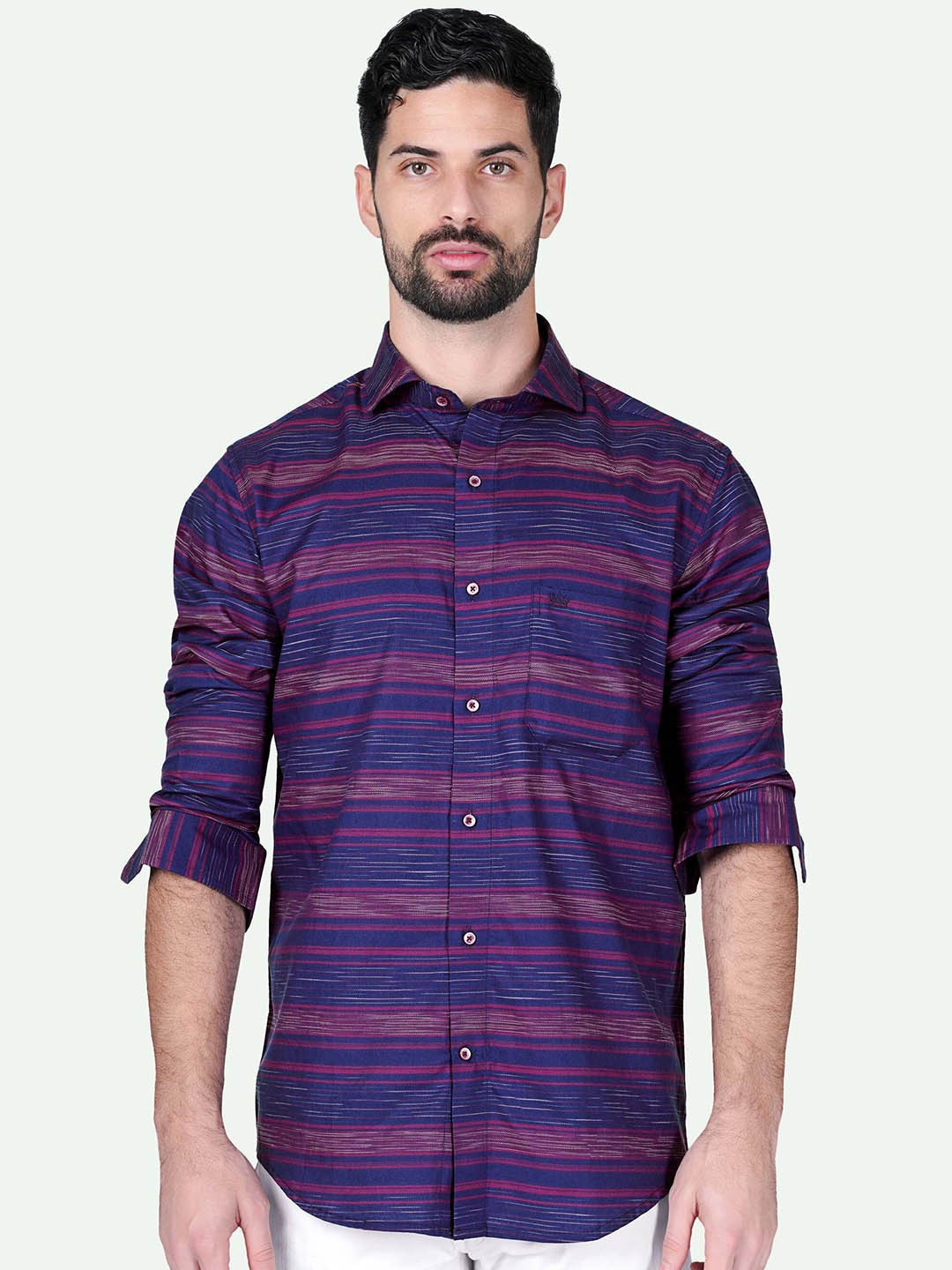 

FRENCH CROWN Standard Horizontal Striped Cotton Casual Shirt, Blue