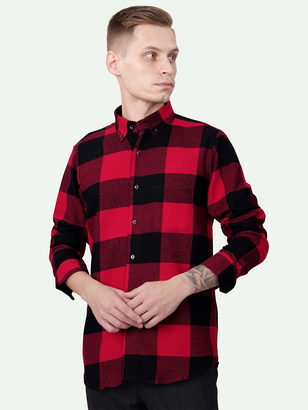 

FRENCH CROWN Standard Buffalo Checks Button-Down Collar Cotton Casual Shirt, Red