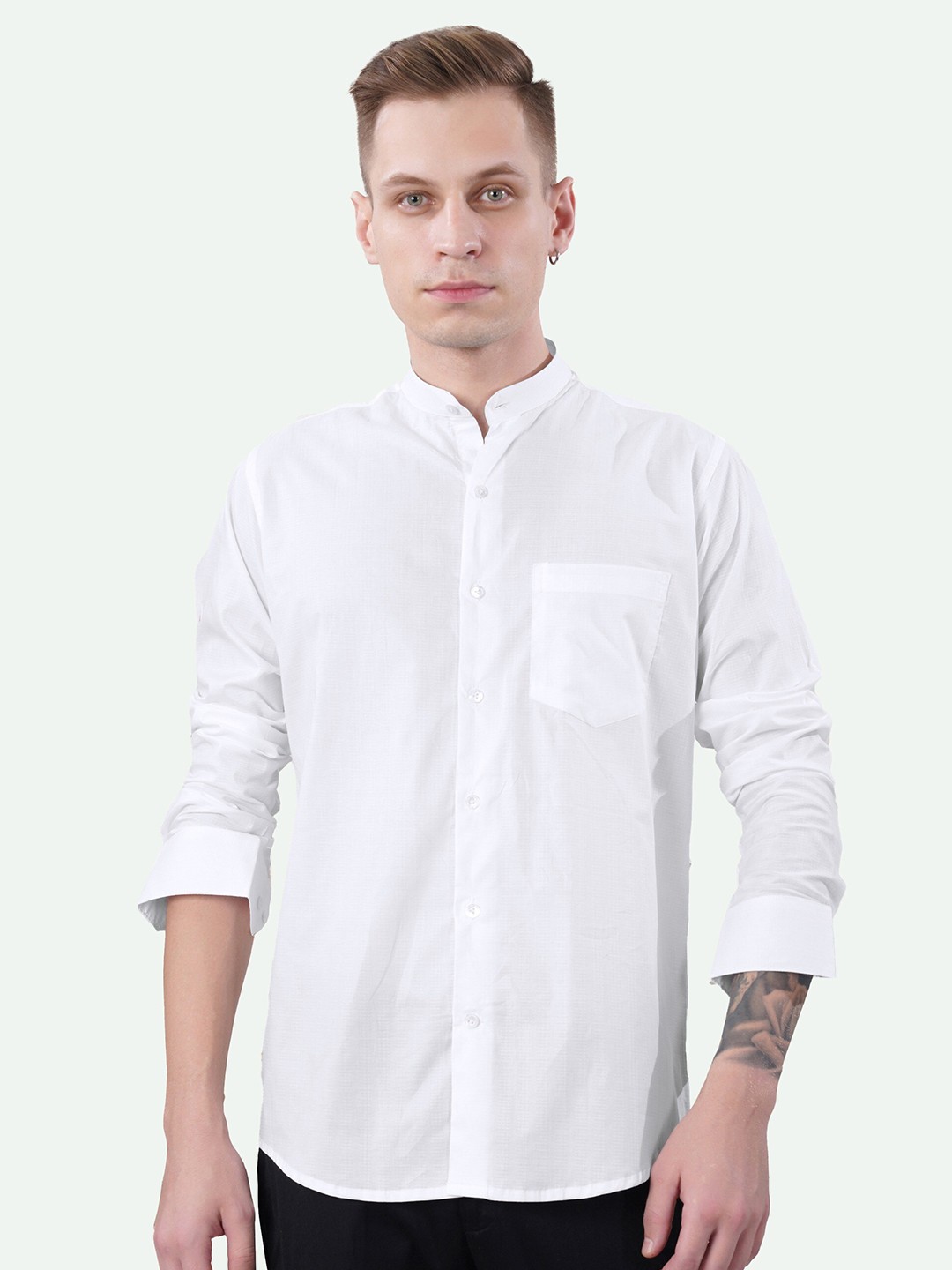 

FRENCH CROWN Standard Band Collar Cotton Casual Shirt, White