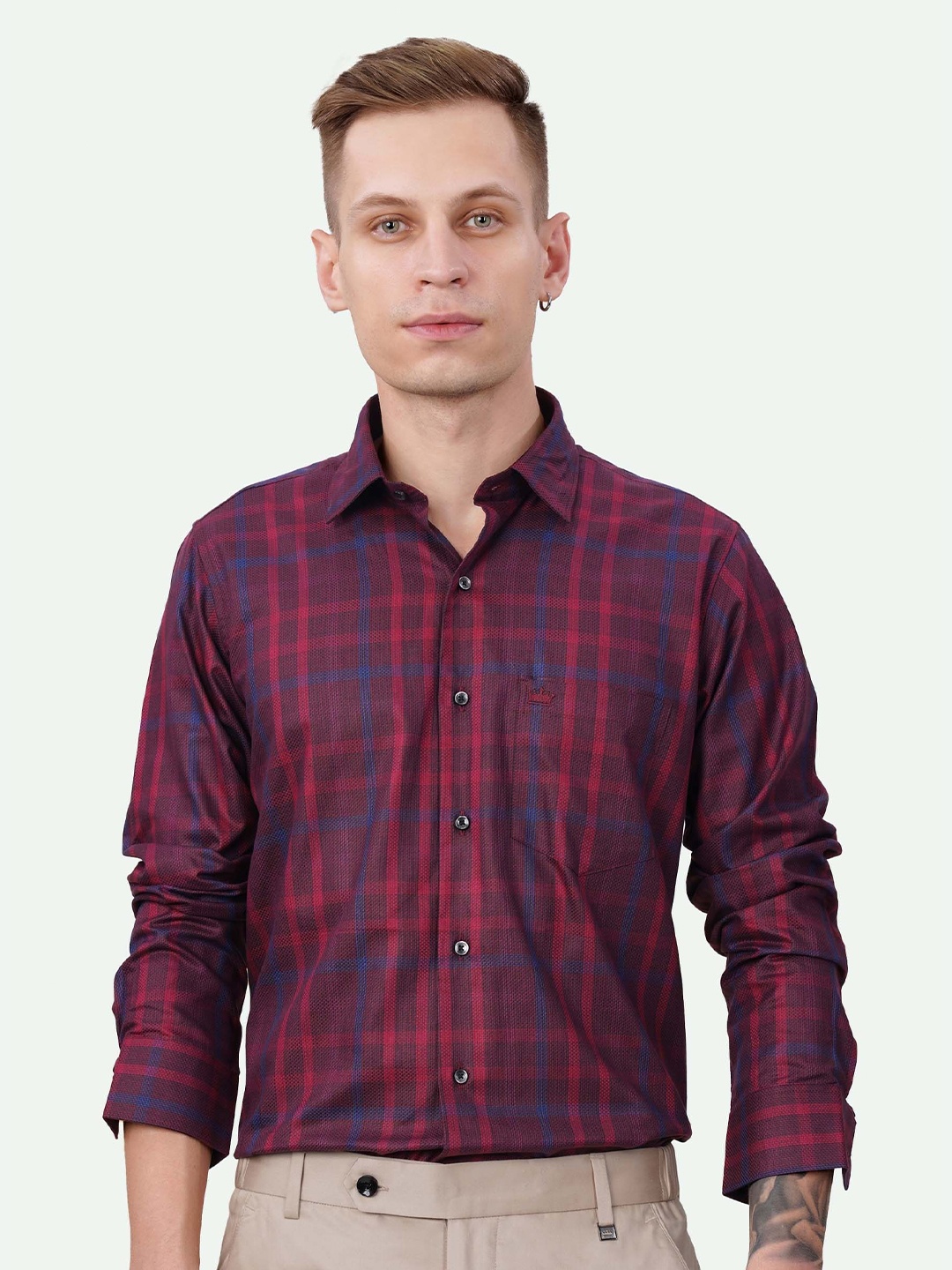 

FRENCH CROWN Standard Tartan Checks Cotton Casual Shirt, Maroon