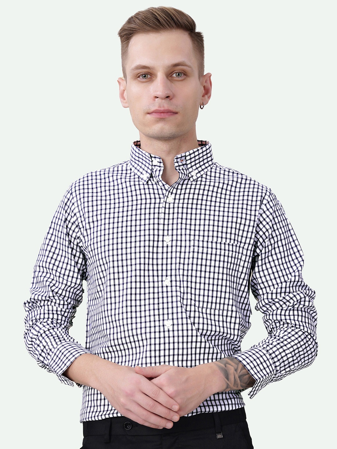 

FRENCH CROWN Standard Gingham Checked Button-Down Collar Cotton Casual Shirt, Blue