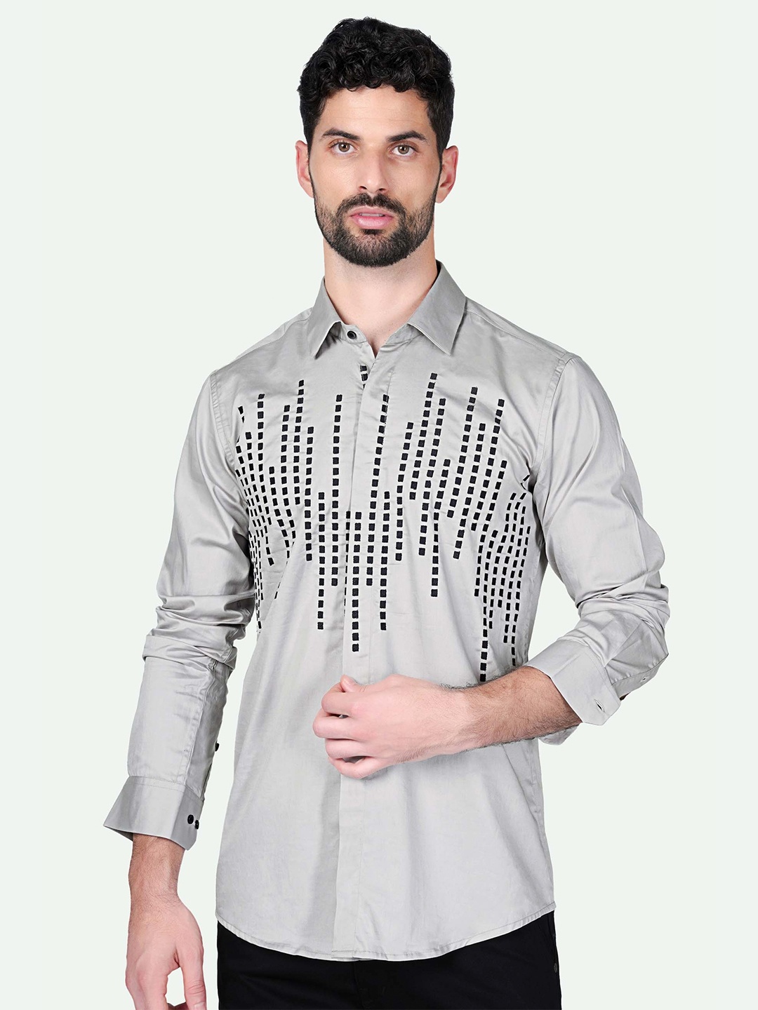 

FRENCH CROWN Standard Geometric Printed Cotton Casual Shirt, Black