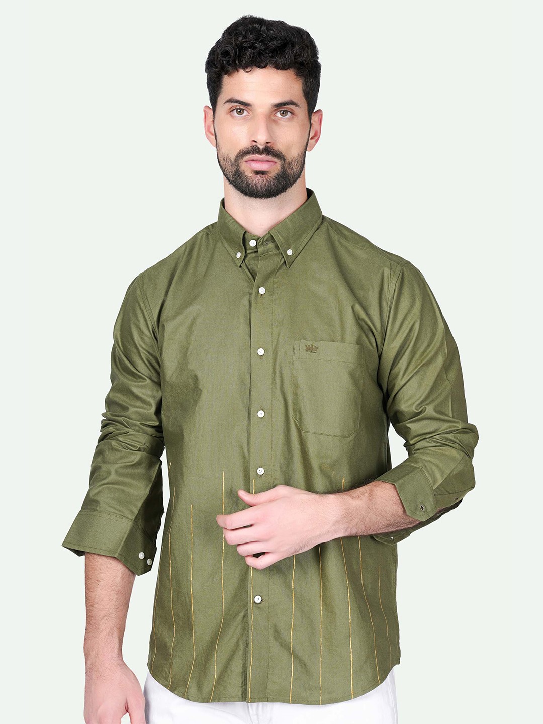 

FRENCH CROWN Standard Opaque Cotton Casual Shirt, Green