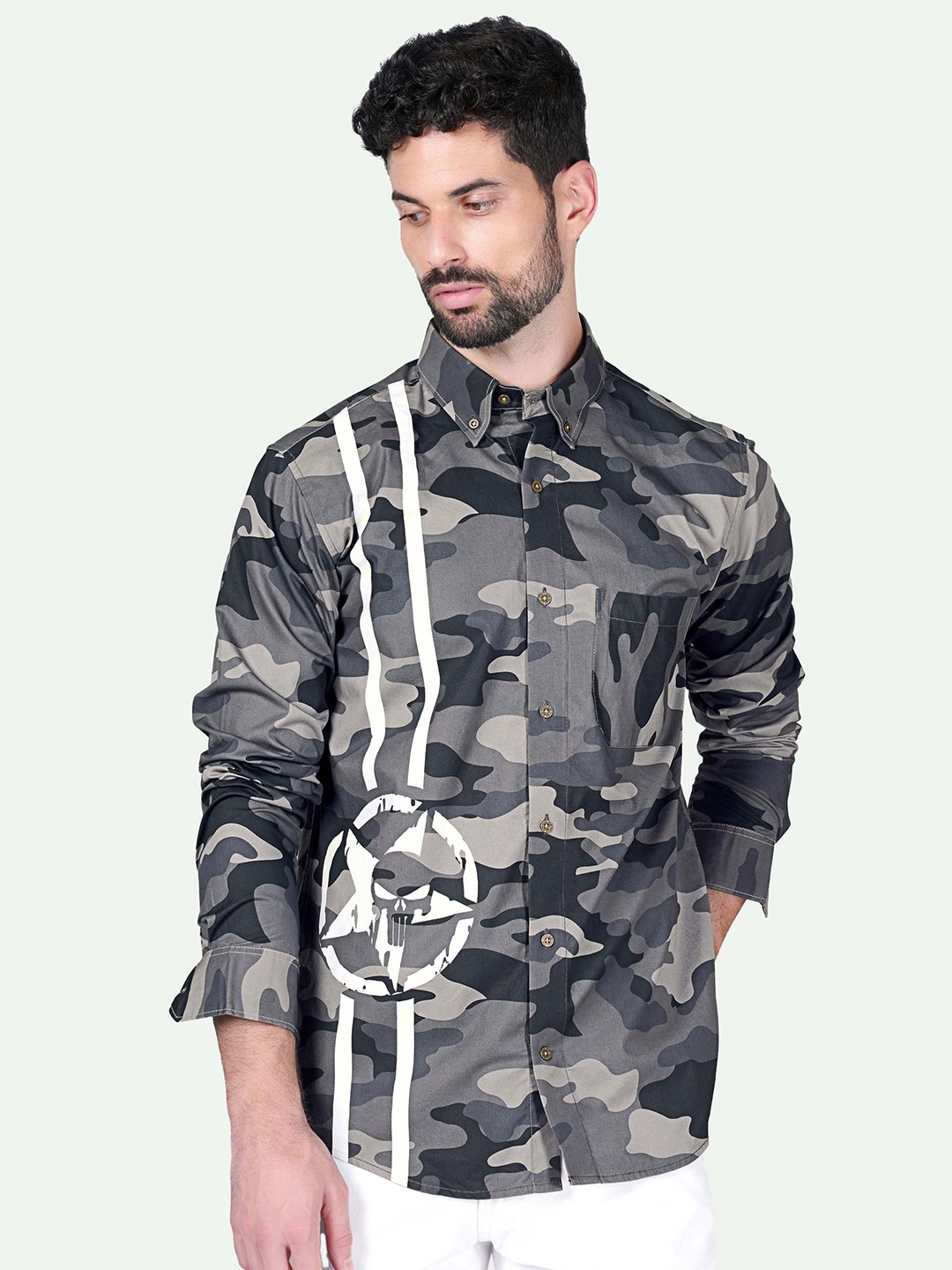 

FRENCH CROWN Standard Camouflage Printed Cotton Casual Shirt, Green