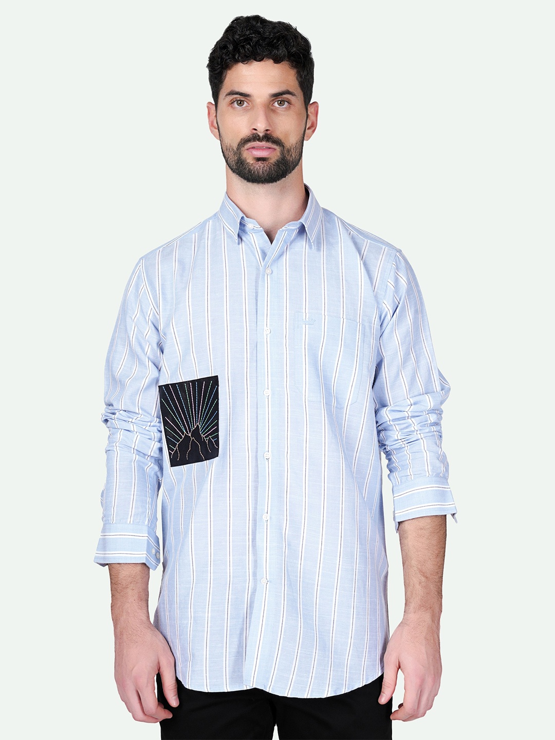 

FRENCH CROWN Standard Striped Opaque Cotton Casual Shirt, Blue