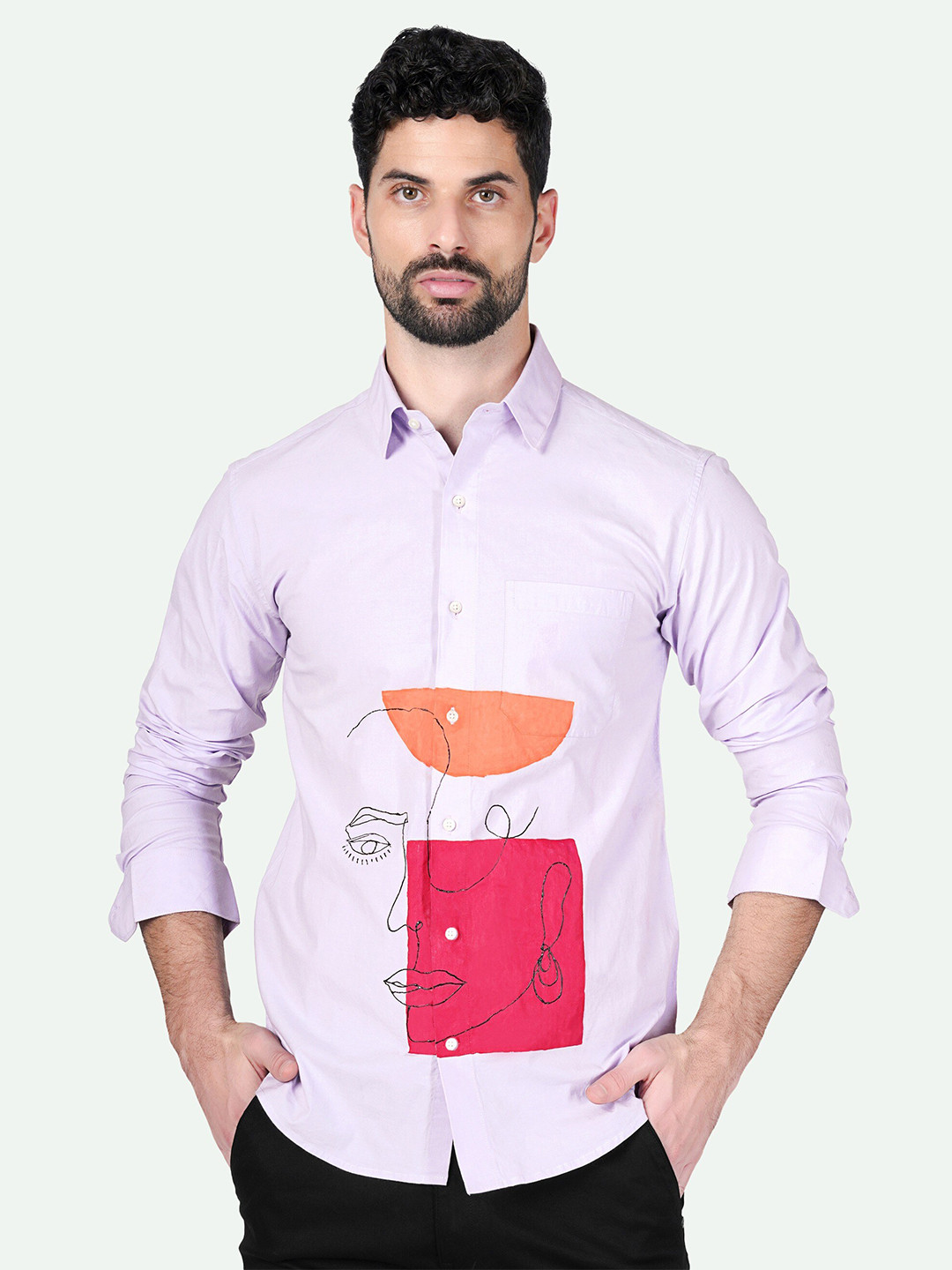 

FRENCH CROWN Standard Graphic Printed Spread Collar Long Sleeve Cotton Casual Shirt, Purple