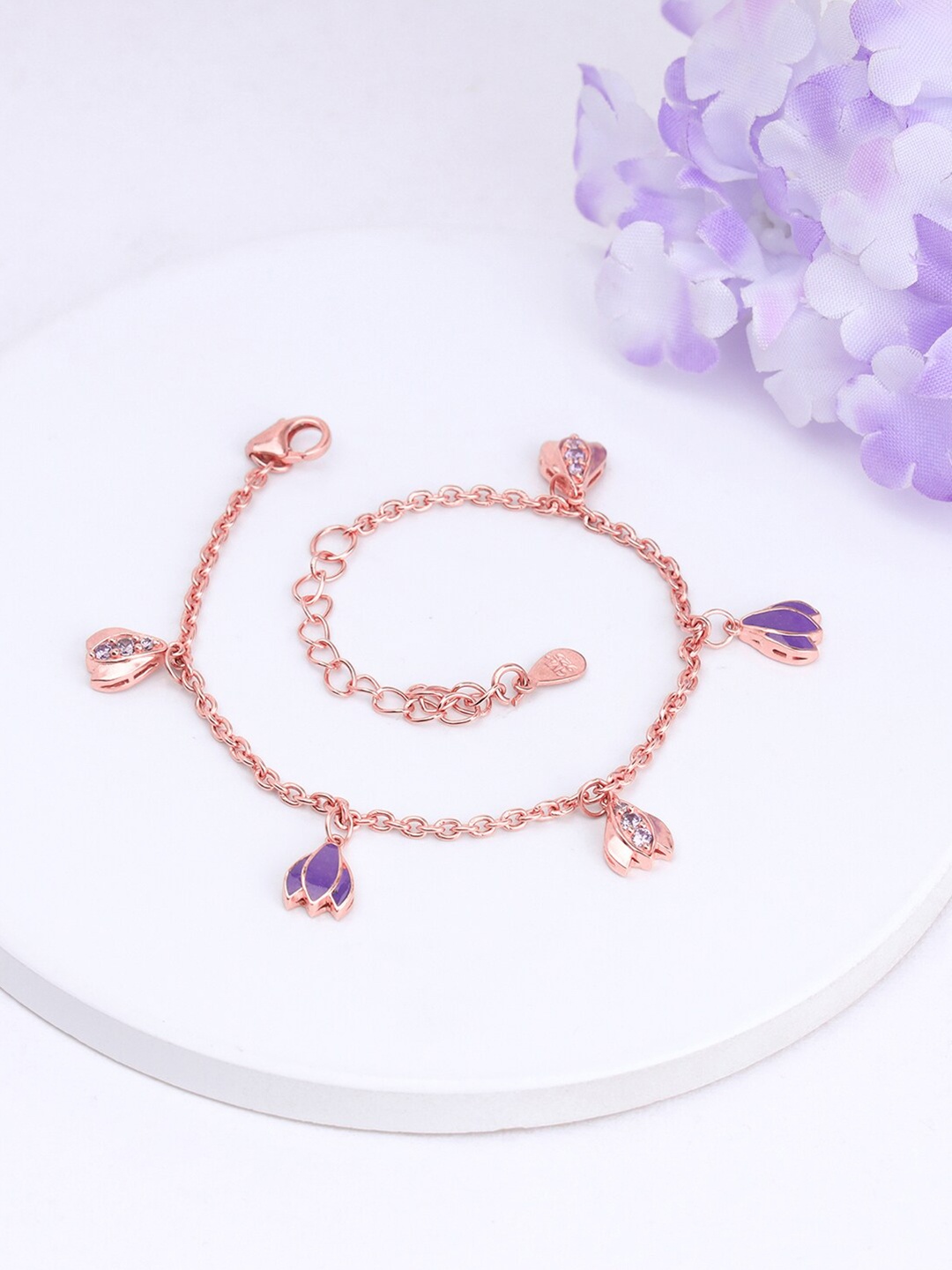 

GIVA 925 Sterling Silver Rose Gold-Plated Stone-Studded Adjustable Charm Bracelet