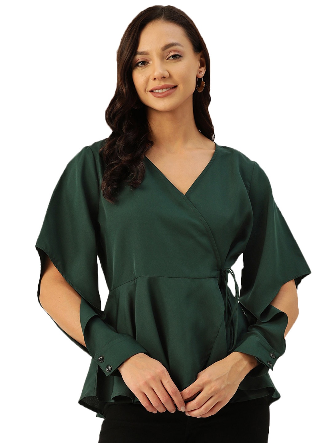 

DressBerry Green V-Neck Slit Sleeves Tie-Ups Wrap Top