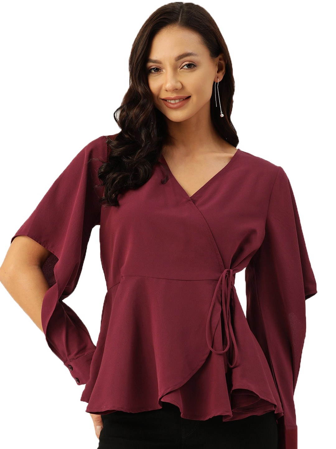 

DressBerry Mustard Yellow V-Neck Cuffed Sleeves Wrap Top, Maroon