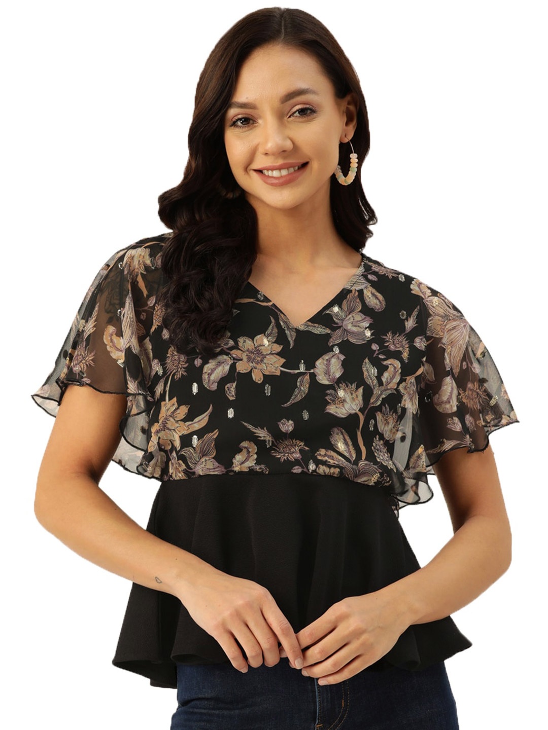 DressBerry Black & Beige Floral Printed Flutter Sleeve Georgette Peplum Top