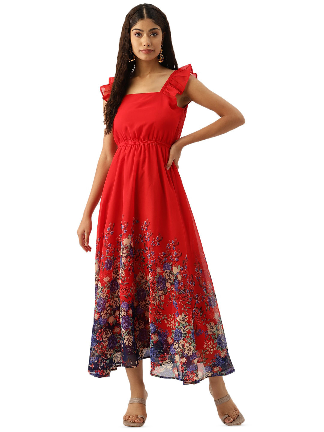

DressBerry Red Floral Printed Square Neck Flutter Sleeves Ruffles Fit & Flare Midi Dress