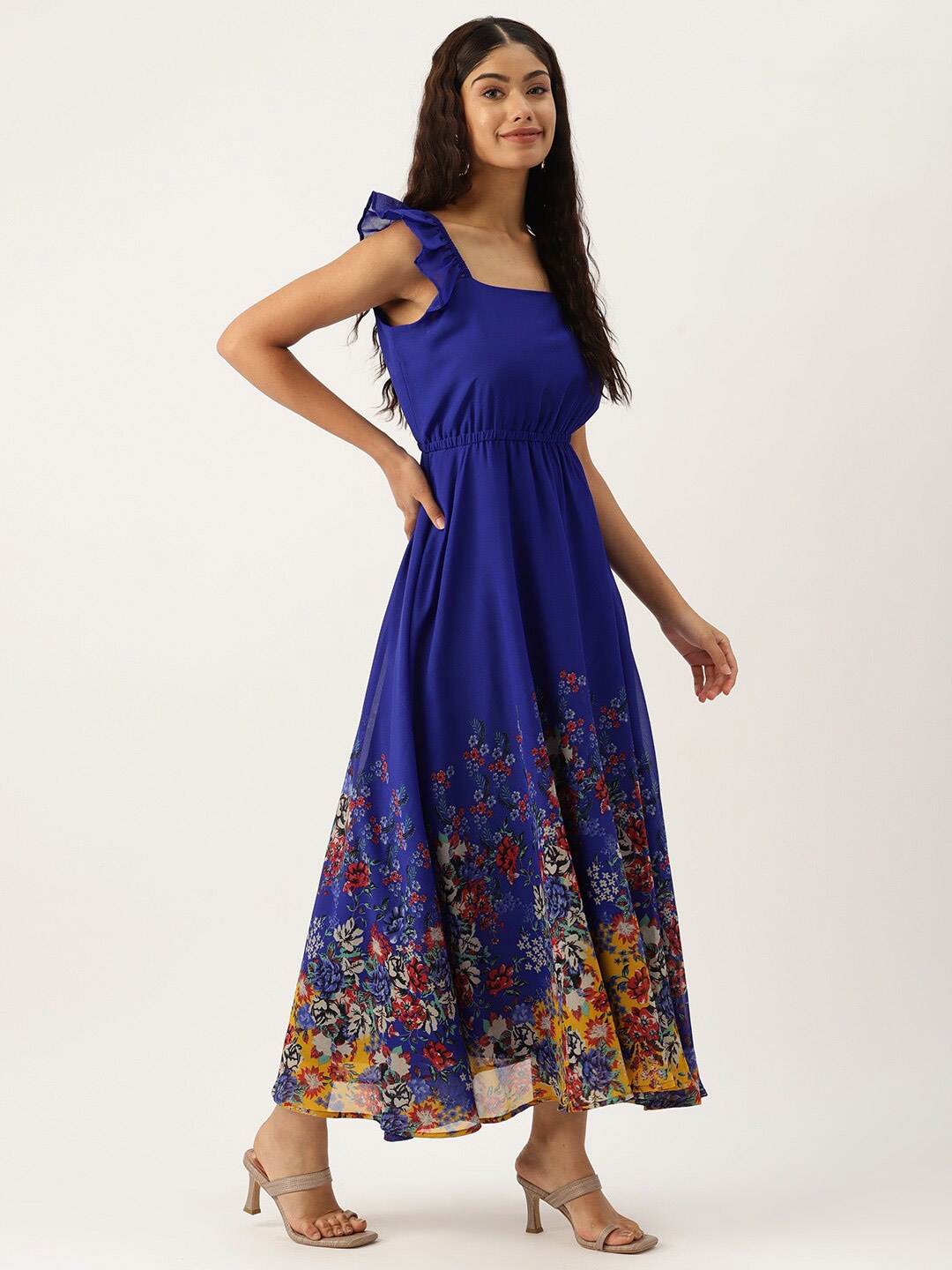 

DressBerry Blue & Yellow Floral Printed Flutter Sleeves Georgette Fit & Flare Dress