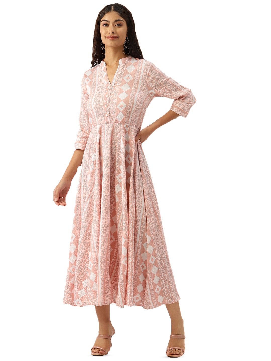 

DressBerry Pink & White Geometric Printed Mandarin Collar Georgette Fit & Flare Dress