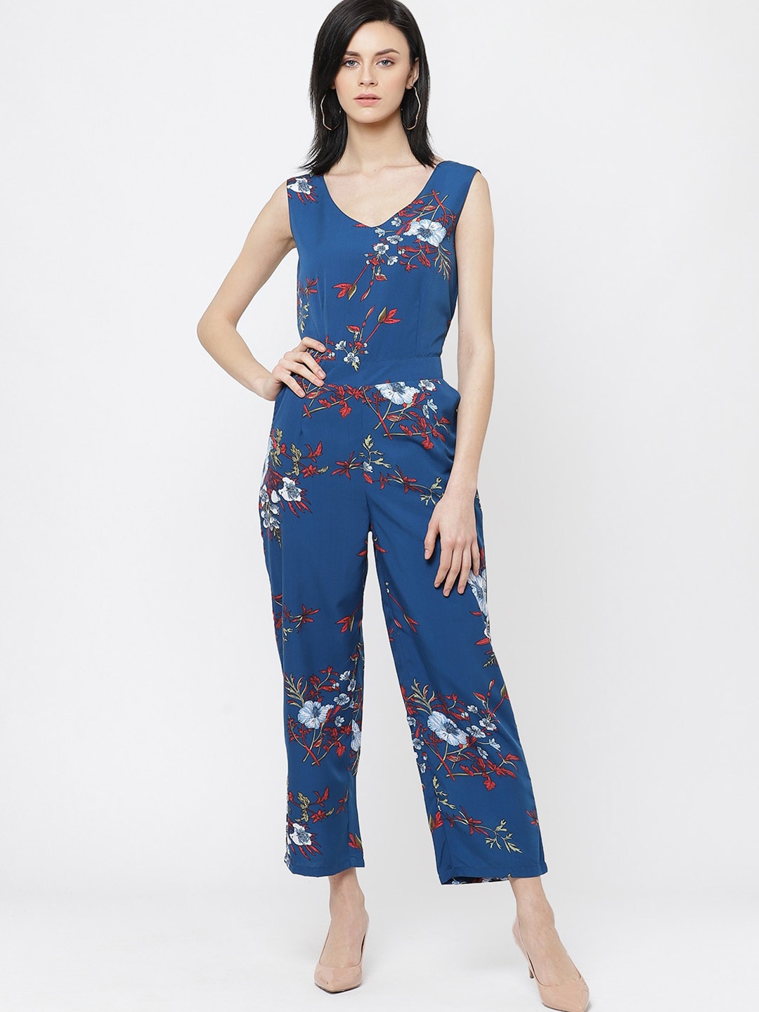 

DressBerry Navy Blue & Red Floral Printed Jumpsuit