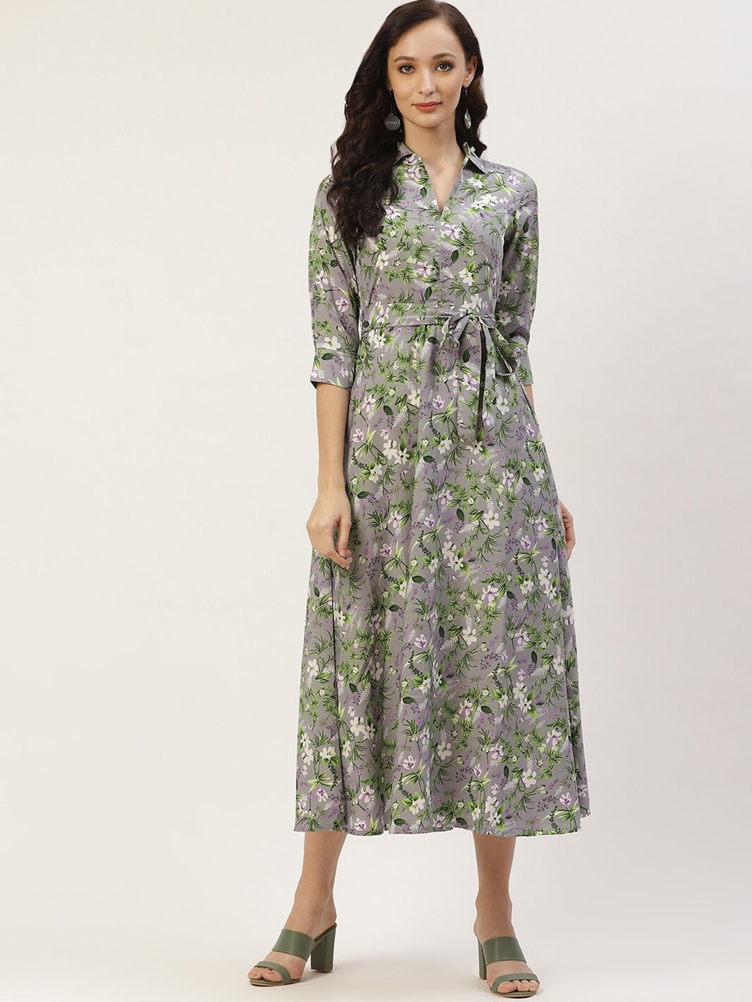 

DressBerry Grey, White & Green Floral Printed Cuffed Sleeves Fit & Flare Dress