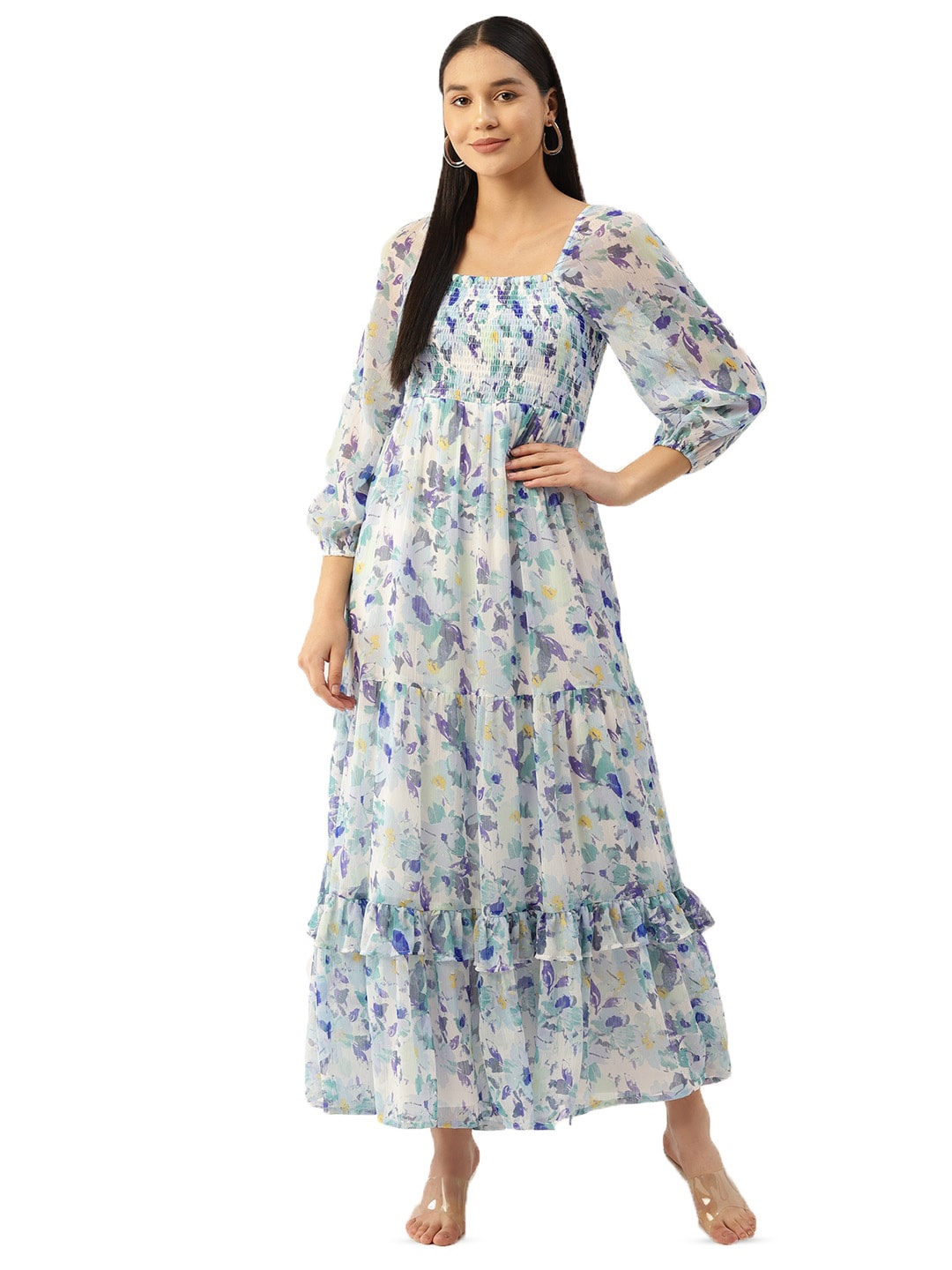 DressBerry Floral Printed Puff Sleeves Georgette Fit & Flare Dress, Blue
