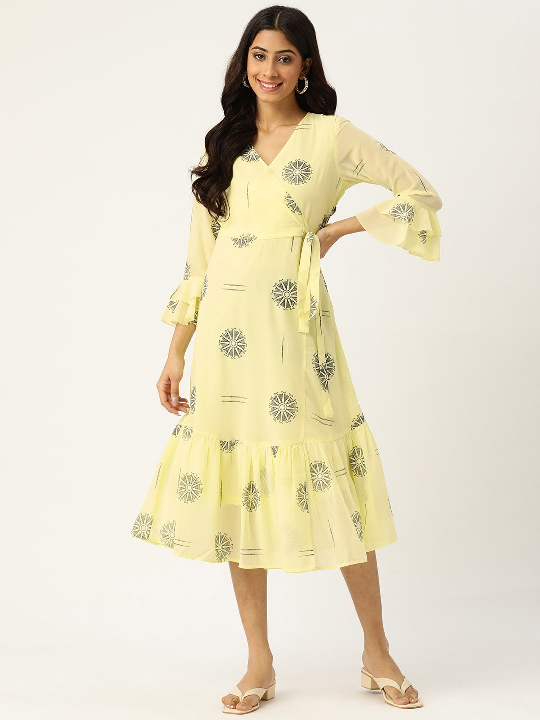 

DressBerry Yellow & Black Abstract Printed V-Neck Bell Sleeve Georgette A-Line Midi Dress