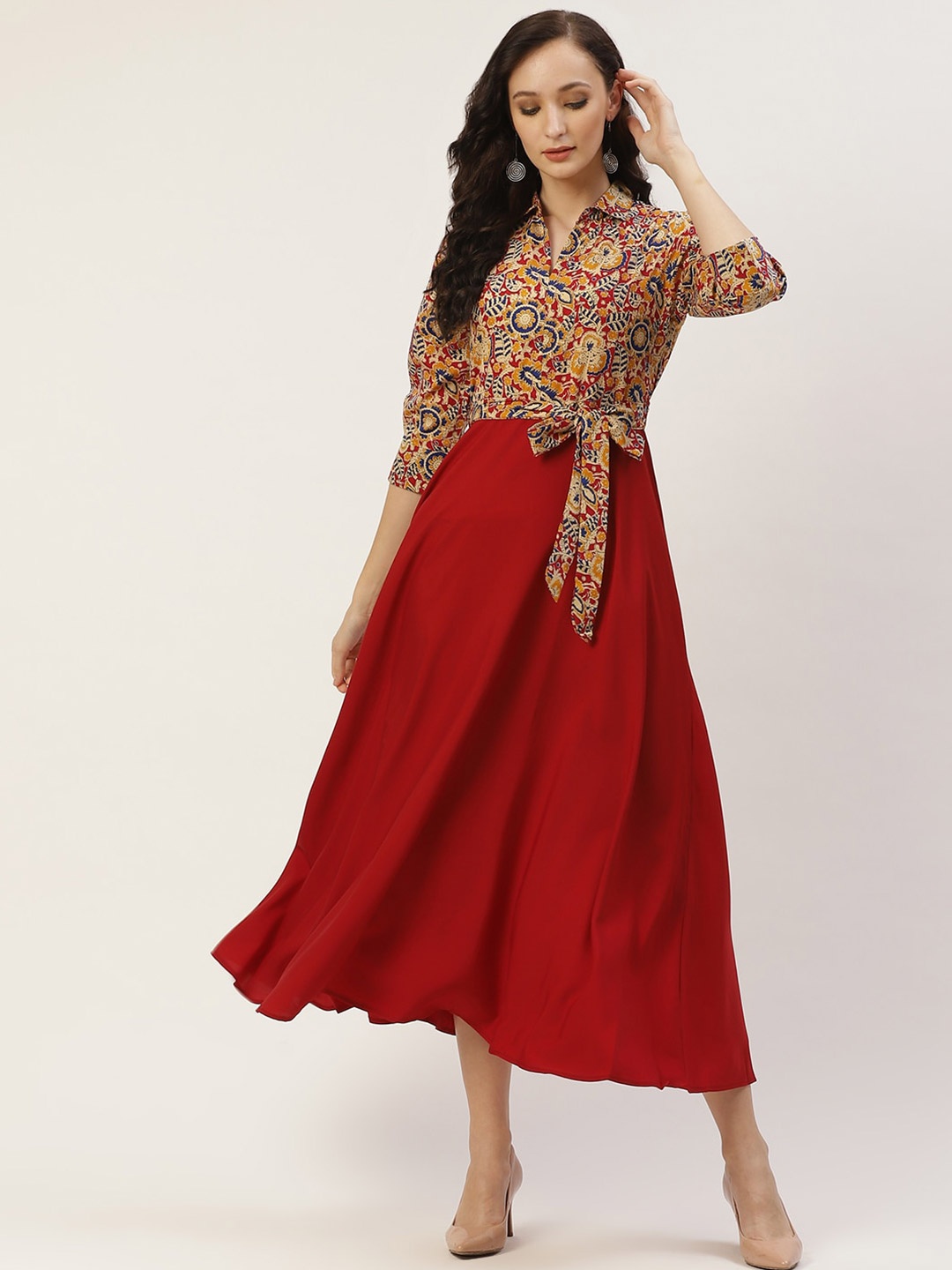 DressBerry Maroon & Yellow Ethnic Motifs Printed Tie-Up Detailed A-Line Dress