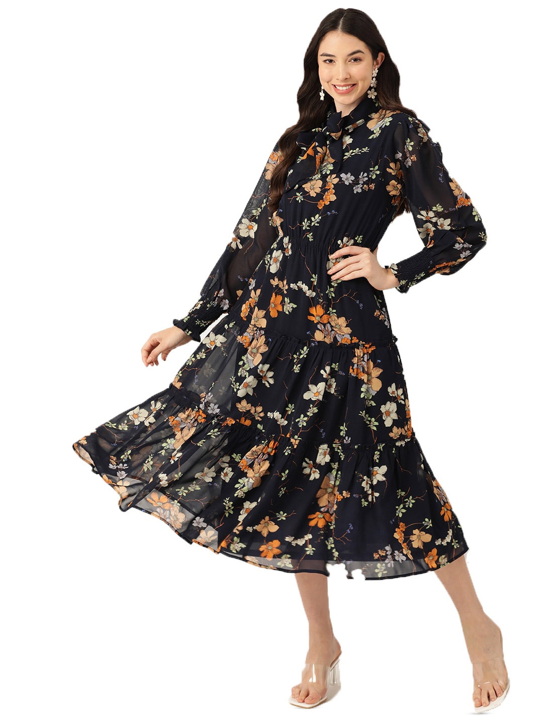 

DressBerry Printed Ruffled Smocked Tie-Up Detail Georgette Flounce A-Line Midi Dress, Navy blue