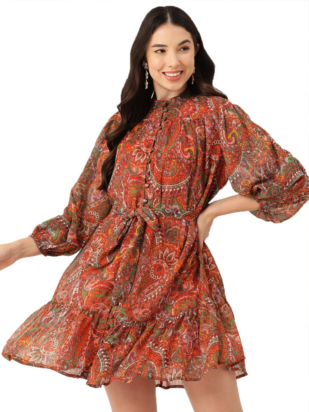 

DressBerry Ethnic Printed Puff Sleeves Belted Georgette Fit & Flare Mini Dress, Orange