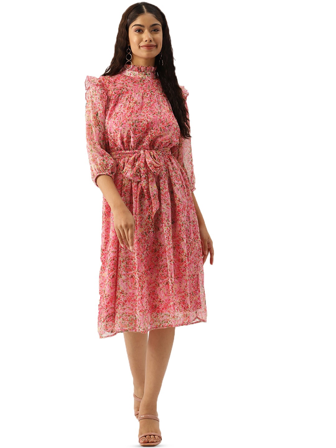 

DressBerry Printed Puff Sleeves Ruffled Mock Neck Belted Georgette Fit & Flare Dress, Pink