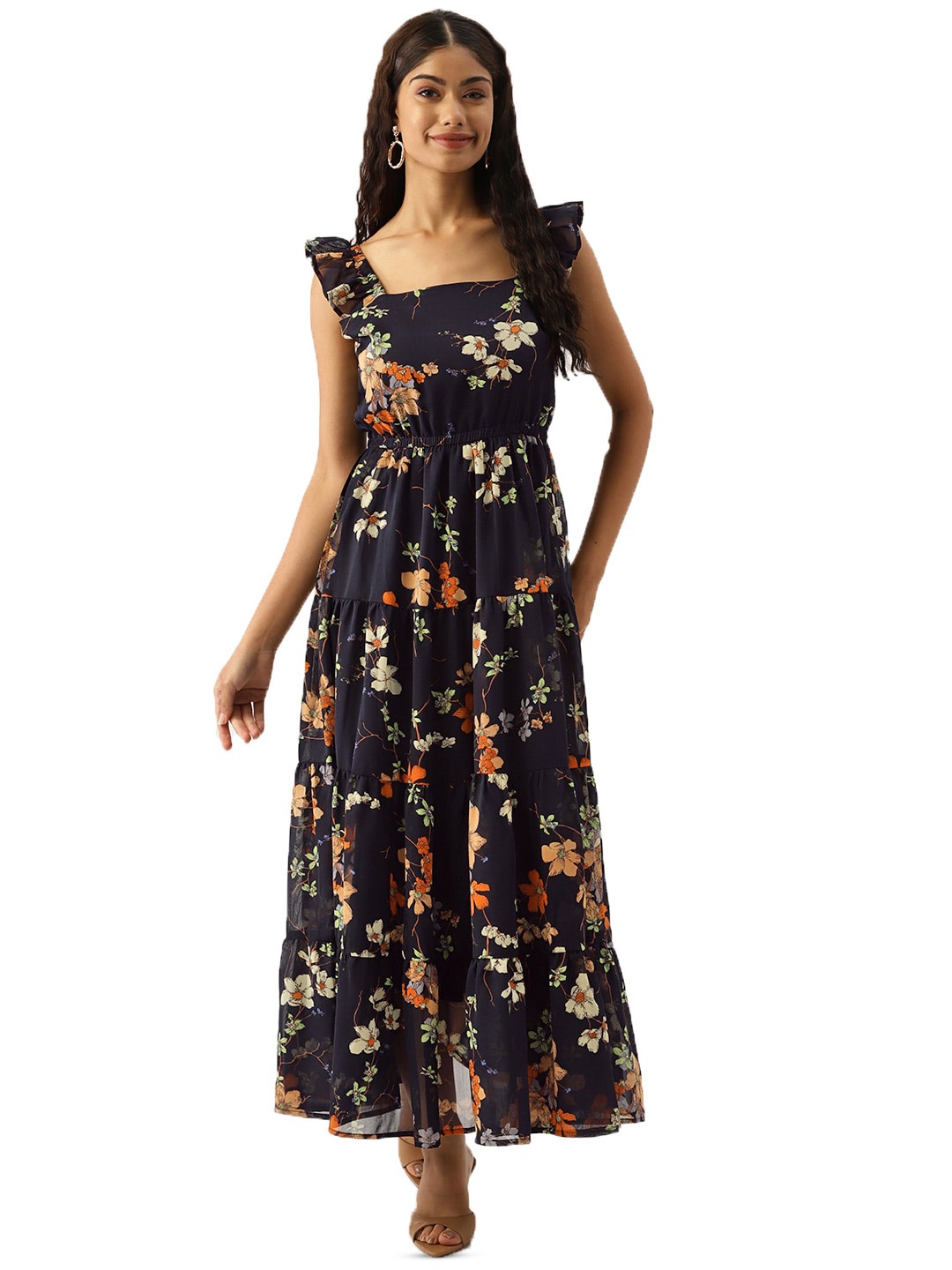 

DressBerry Navy Blue Floral Printed Flutter Sleeves Georgette Tiered Gathered Maxi Dress