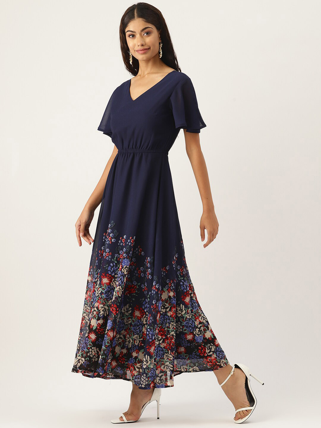 

DressBerry Navy Blue Floral Printed Flared Sleeve Georgette Maxi Dress