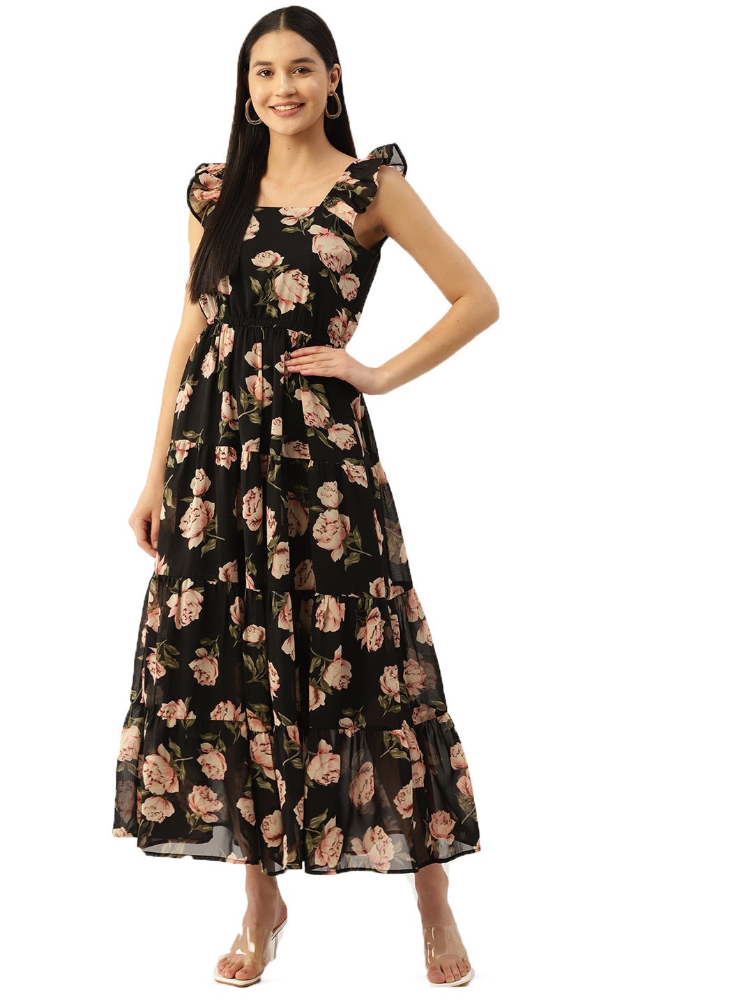 

DressBerry Black Floral Printed Flutter Sleeves Georgette Tiered Gathered Maxi Dress