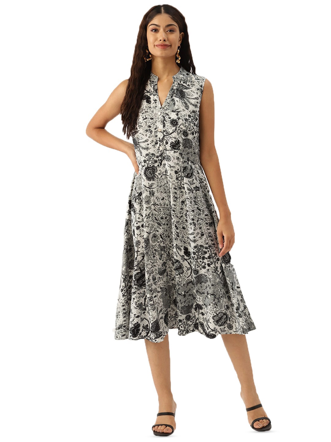 

DressBerry Grey Floral Printed Mandarin Collar Georgette A-Line Midi Dress