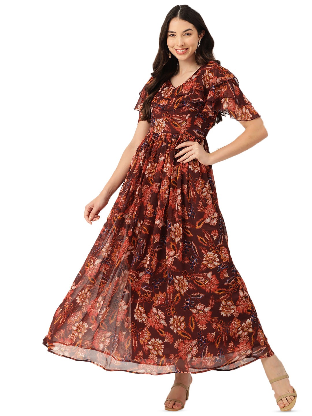 

DressBerry Maroon Ethnic Motifs Printed Flared Sleeves Gathered Georgette Maxi Dress