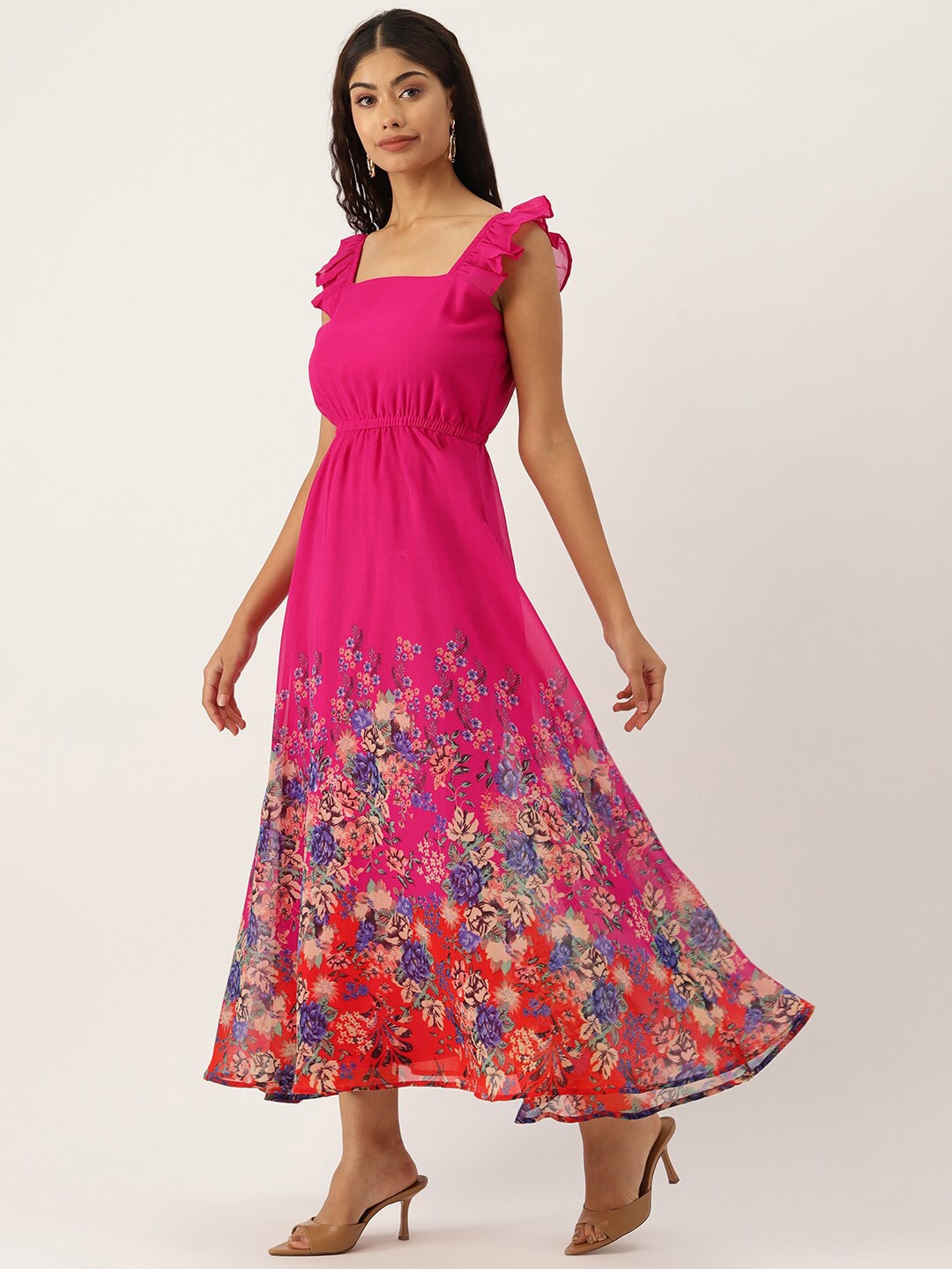 

DressBerry Pink Floral Printed Flutter Sleeves Georgette Maxi Dress