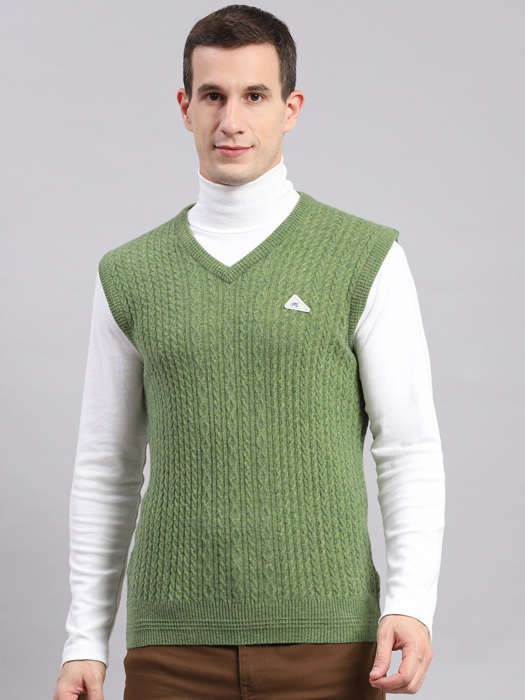 Monte Carlo Cable Knit Self Design V-Neck Woollen Sweater Vest, Green