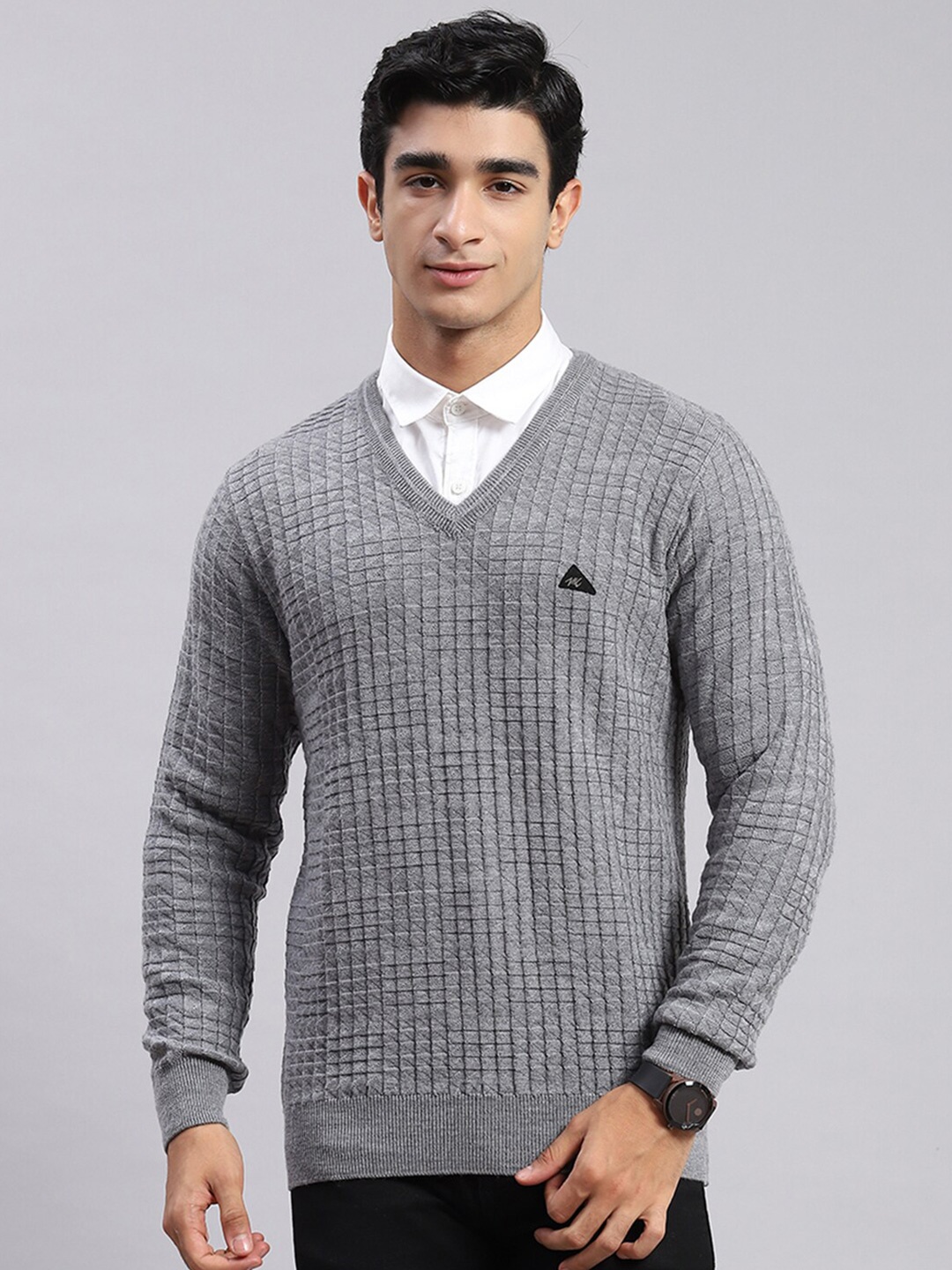 

Monte Carlo Ribbed V-Neck Long Sleeve Woollen Pullover Sweaters, Grey