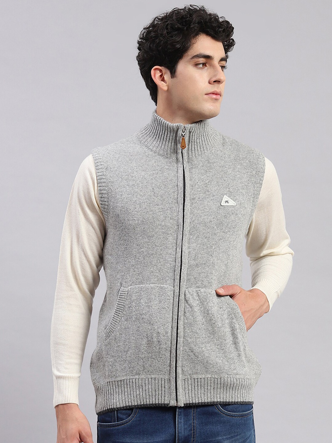 

Monte Carlo Mock Collar Sleeveless Cardigan Sweaters, Grey