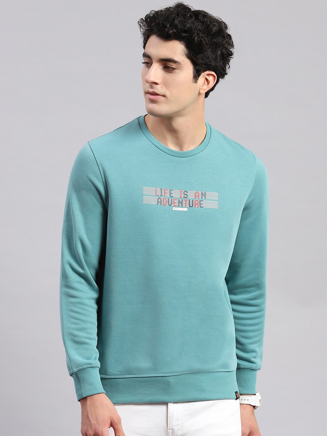 

Monte Carlo Typography Printed Round Neck Pullover Sweatshirt, Turquoise blue