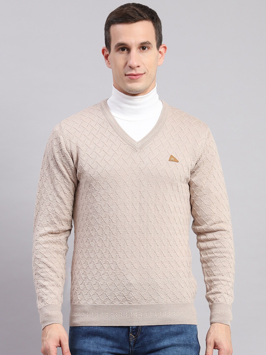 Monte Carlo Cable Knit Self Design V-Neck Woollen Pullover Sweater, Beige